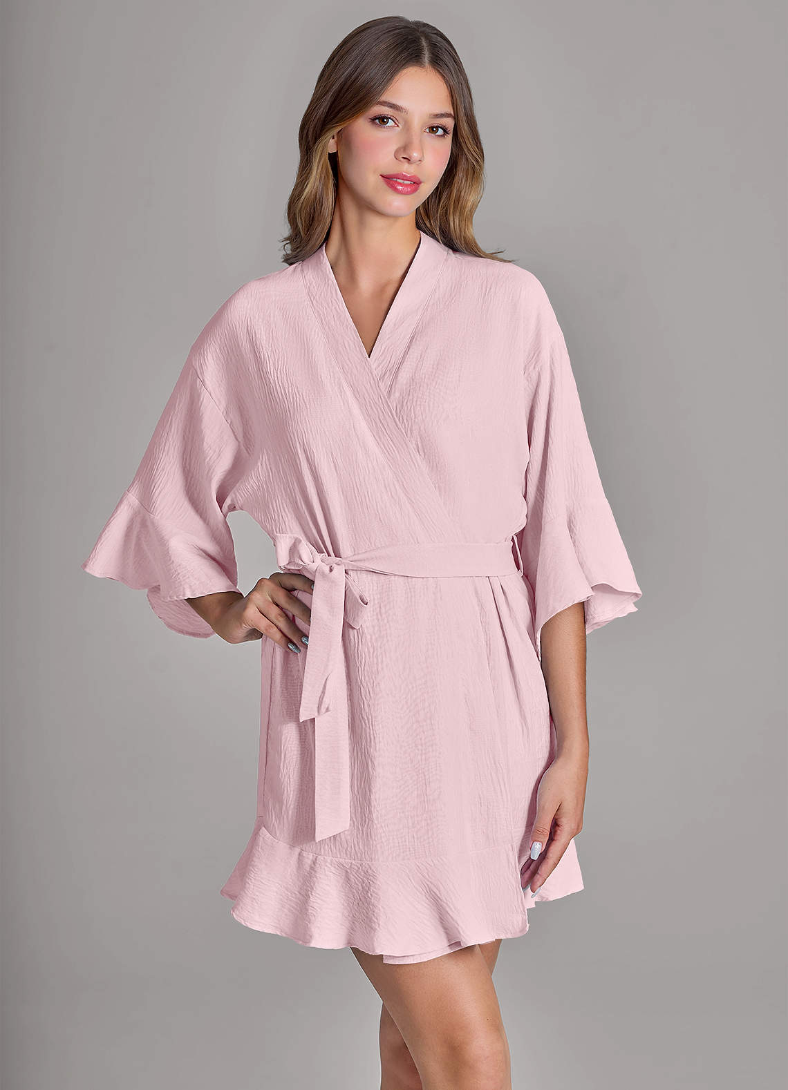 front Matching Color 2-Piece Ruffled Cloud-Soft Robe and Slip Set