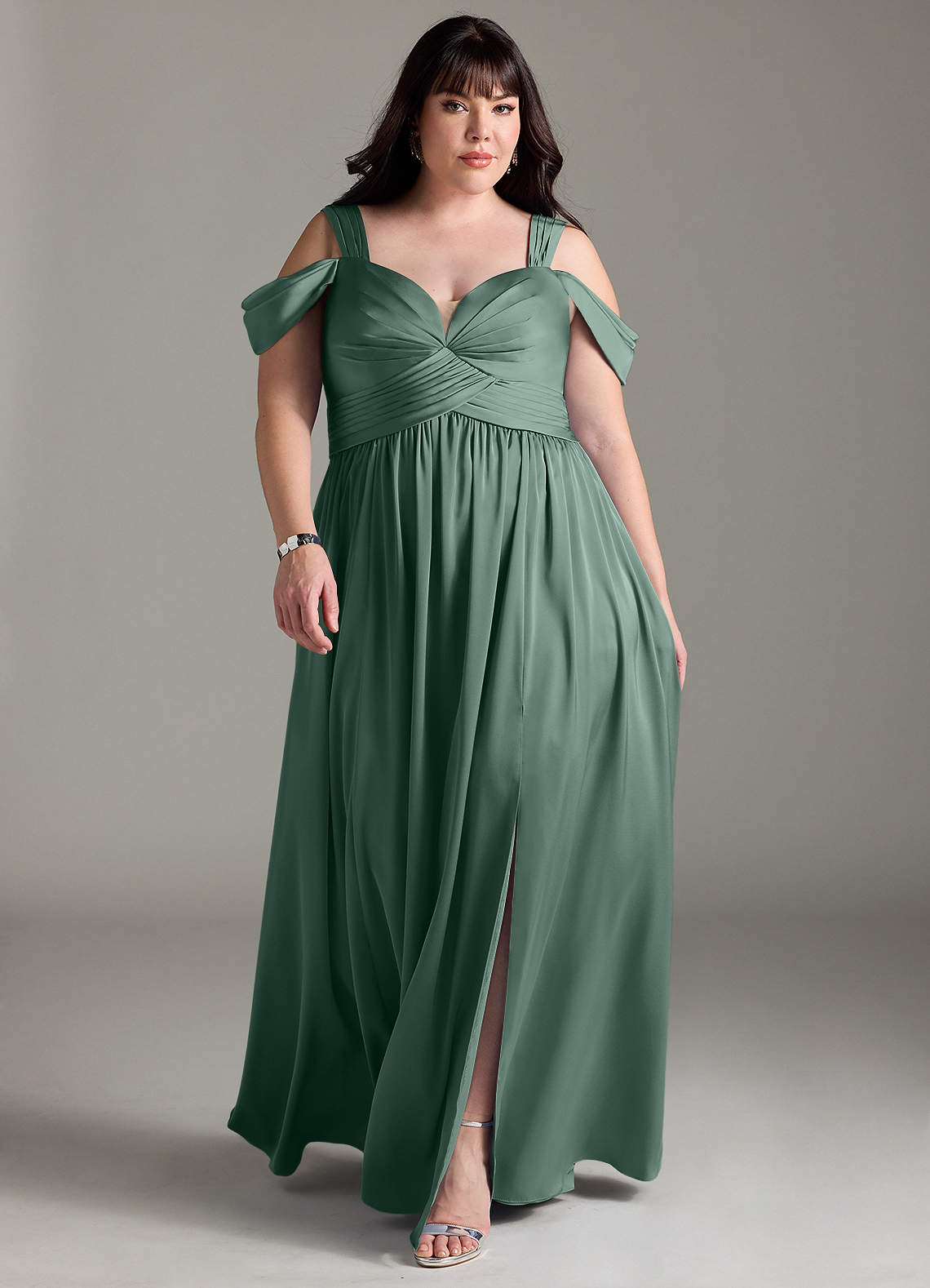 Azazie Lianne Bridesmaid Dresses Eucalyptus A-Line Off the Shoulder Stretch Satin Dress image1
