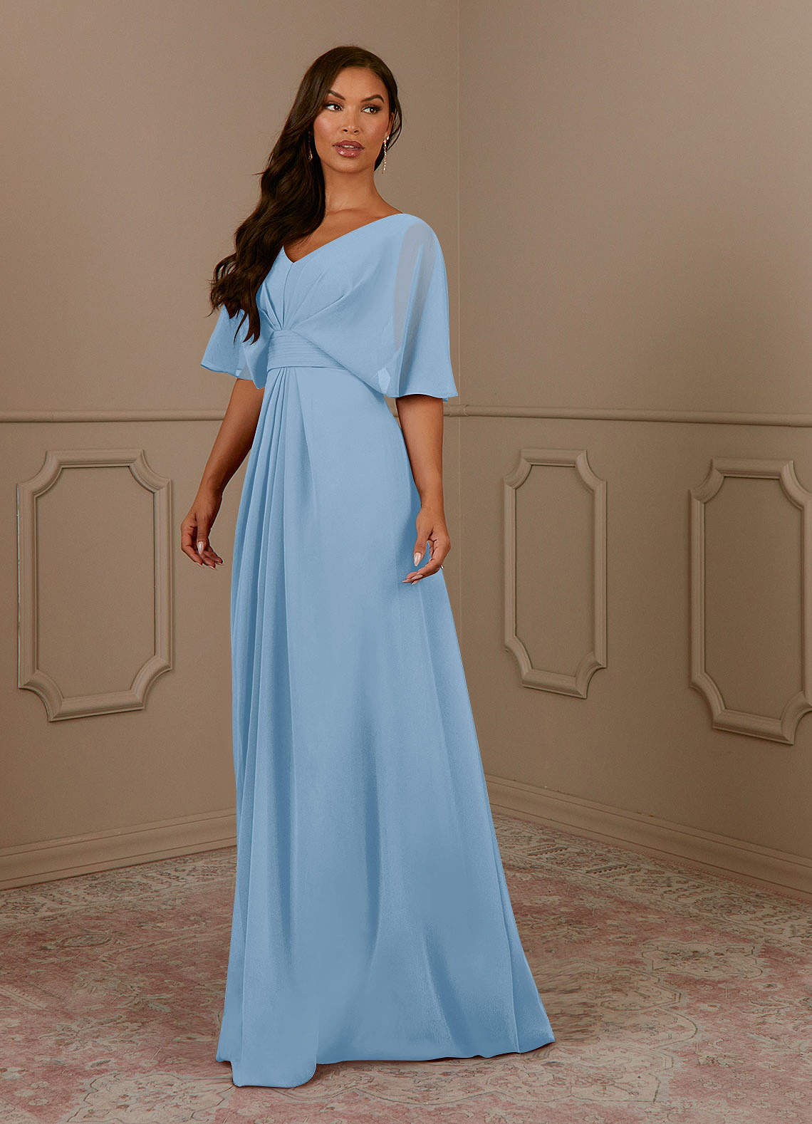 Azazie Oksana Powder Blue A-Line V-Neck Pleated Chiffon Dress | Azazie