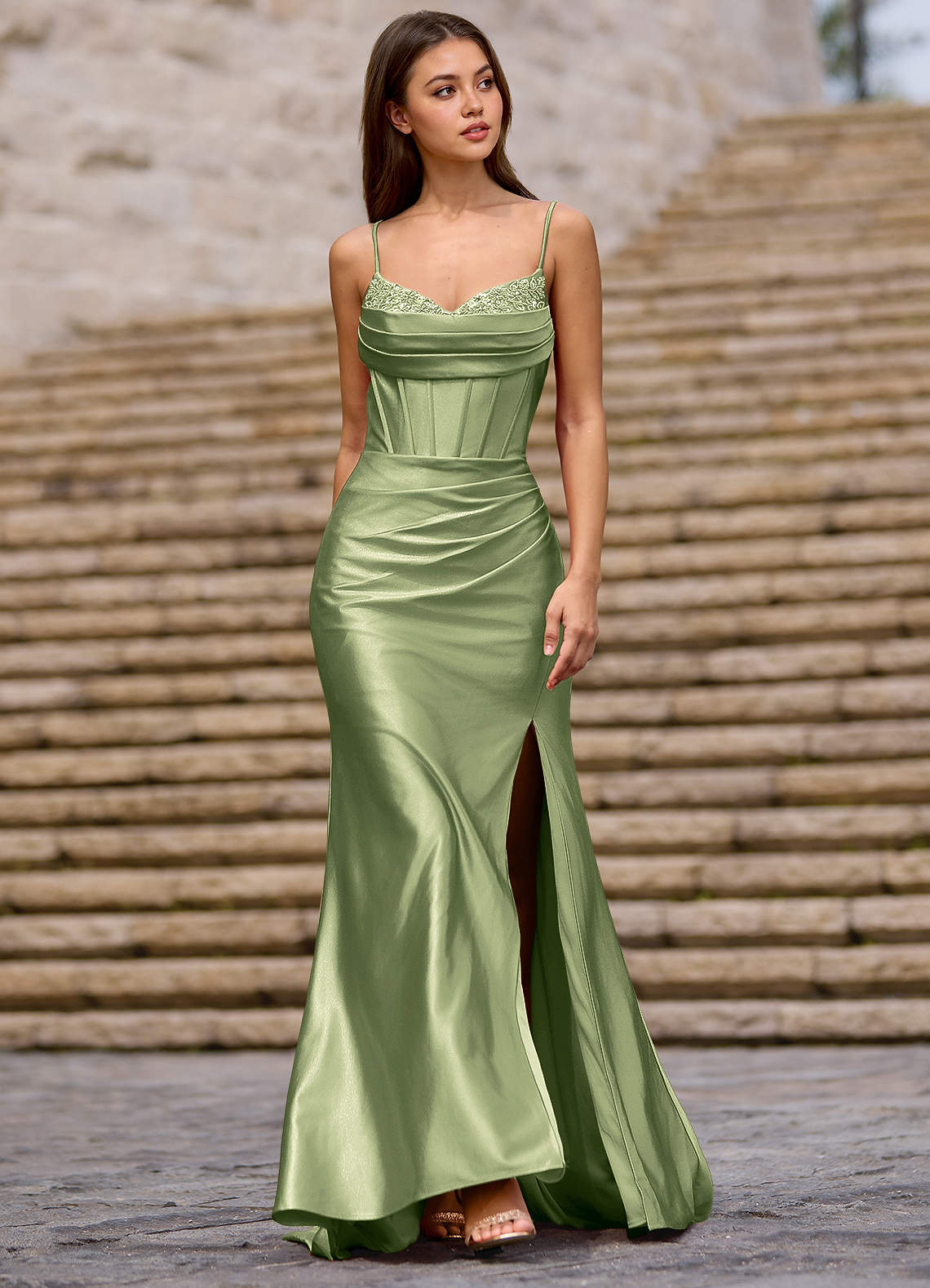 slim fit dress slacks JA Gordana Pistachio Gown – GlamEdge Dress & Gown main image 1