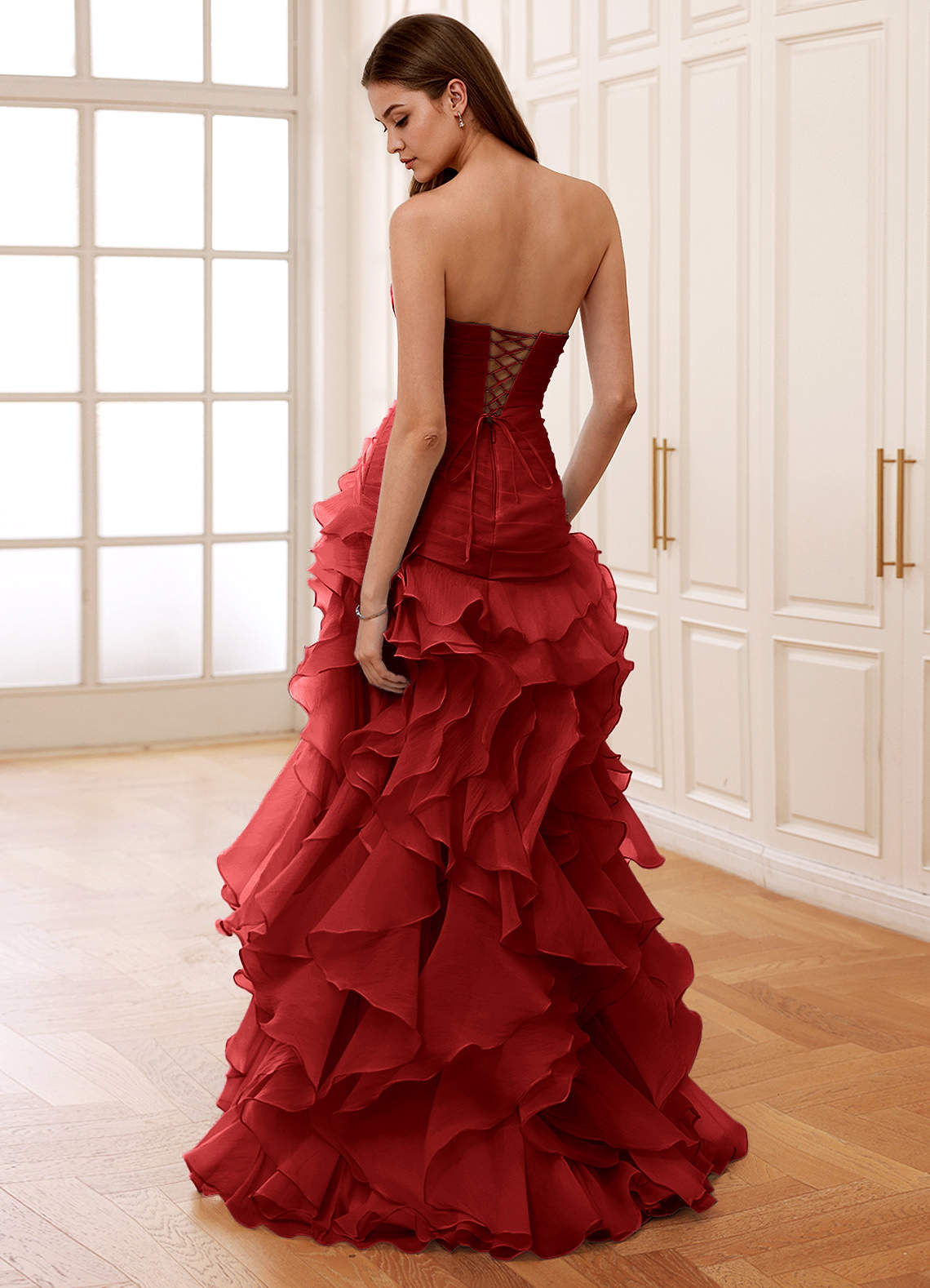 strapless open back dress Burgundy Taffeta Prom Dress with Puffed Sleeves & Corset Back FD3455 –  Viniodress