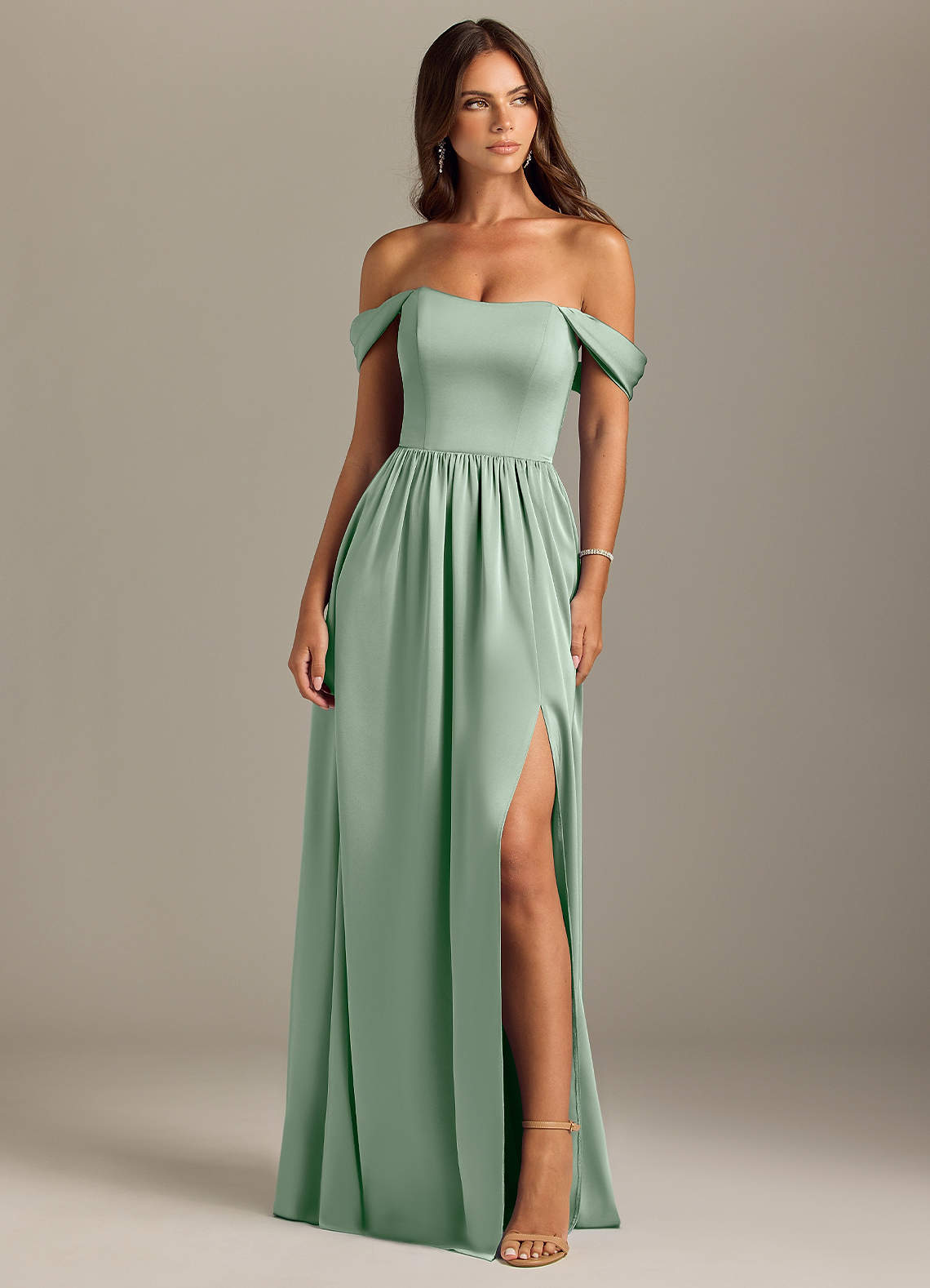 Azazie Calianna Bridesmaid Dresses Agave A-Line Off the Shoulder Stretch Satin Convertible Dress image1