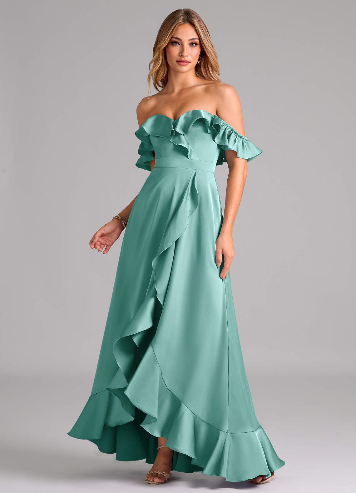 Azazie Lyra Jurken voor bruidsmeisjes Converteerbaar Jurk van Stretch Satijn met A-Lijn Off the Shoulder Aqua image1