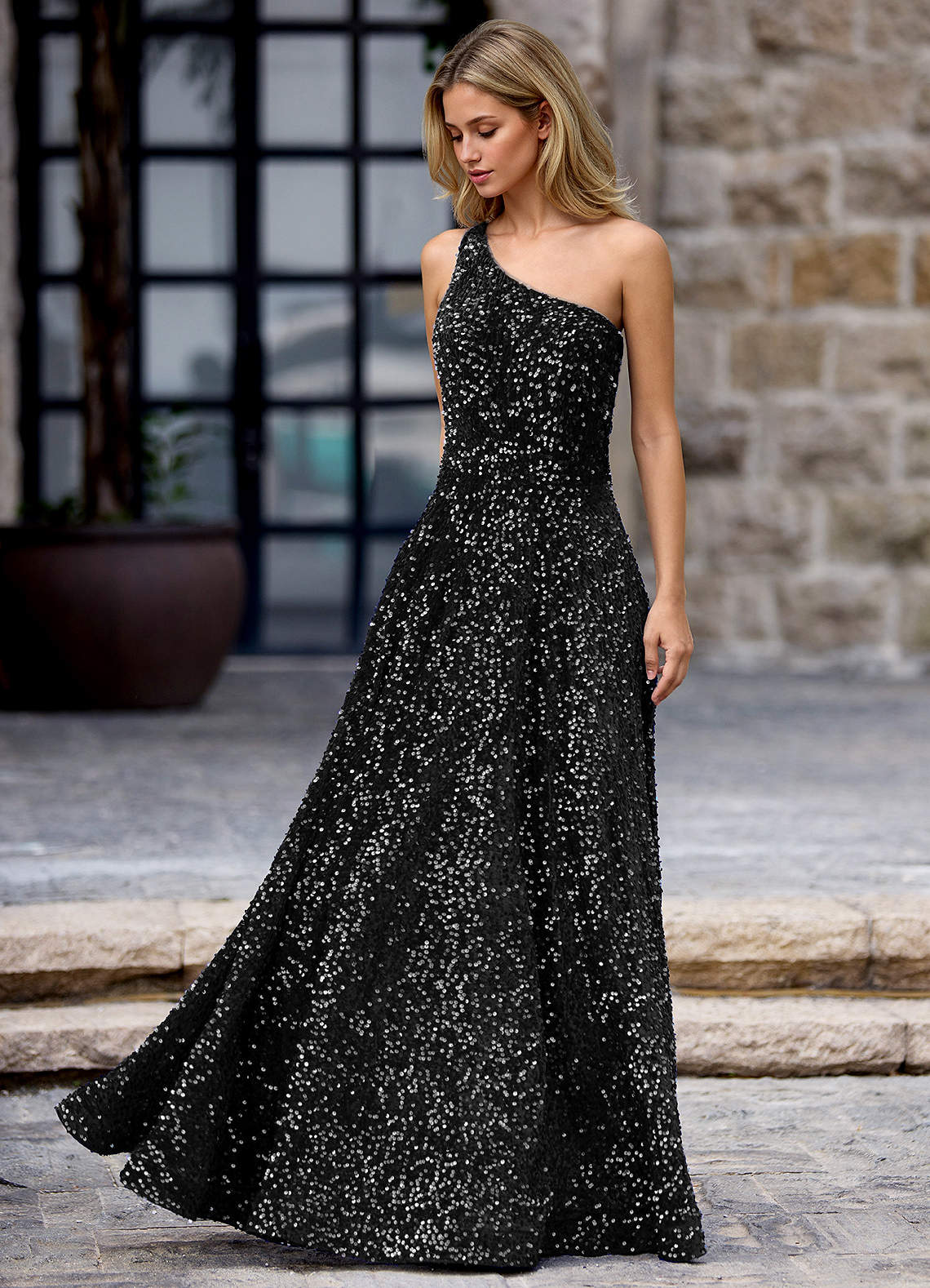 black velvet evening dress Prom with One-Shoulder Flower and Satin Ball Gown Skirt AS016 Viniodress Gold embellishments Blake Lively Black Velvet Off-the-shoulder