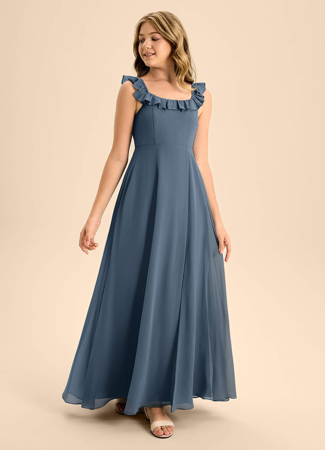 Azazie Callie Junior A-Linie Gestreift Chiffon Kleid Neptunblau image1