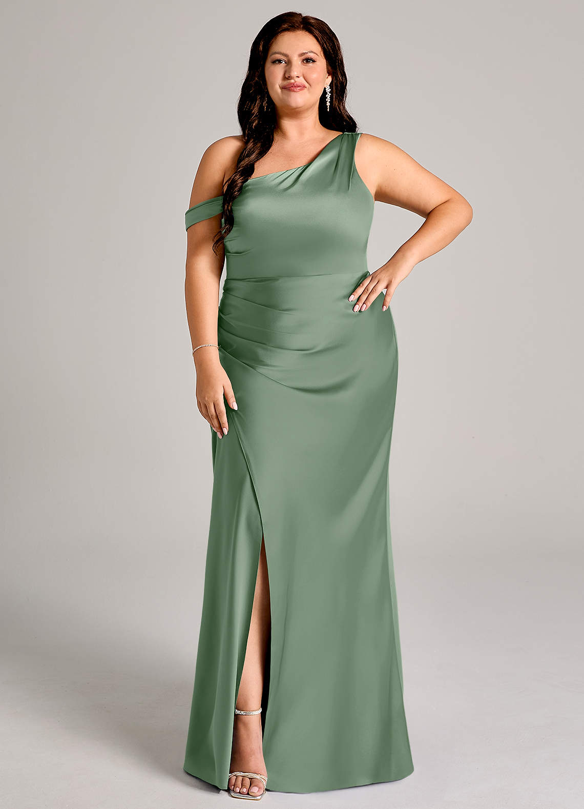 Azazie Madelyn Bridesmaid Dresses Matcha Mermaid One Shoulder Stretch Satin Convertible Dress image1