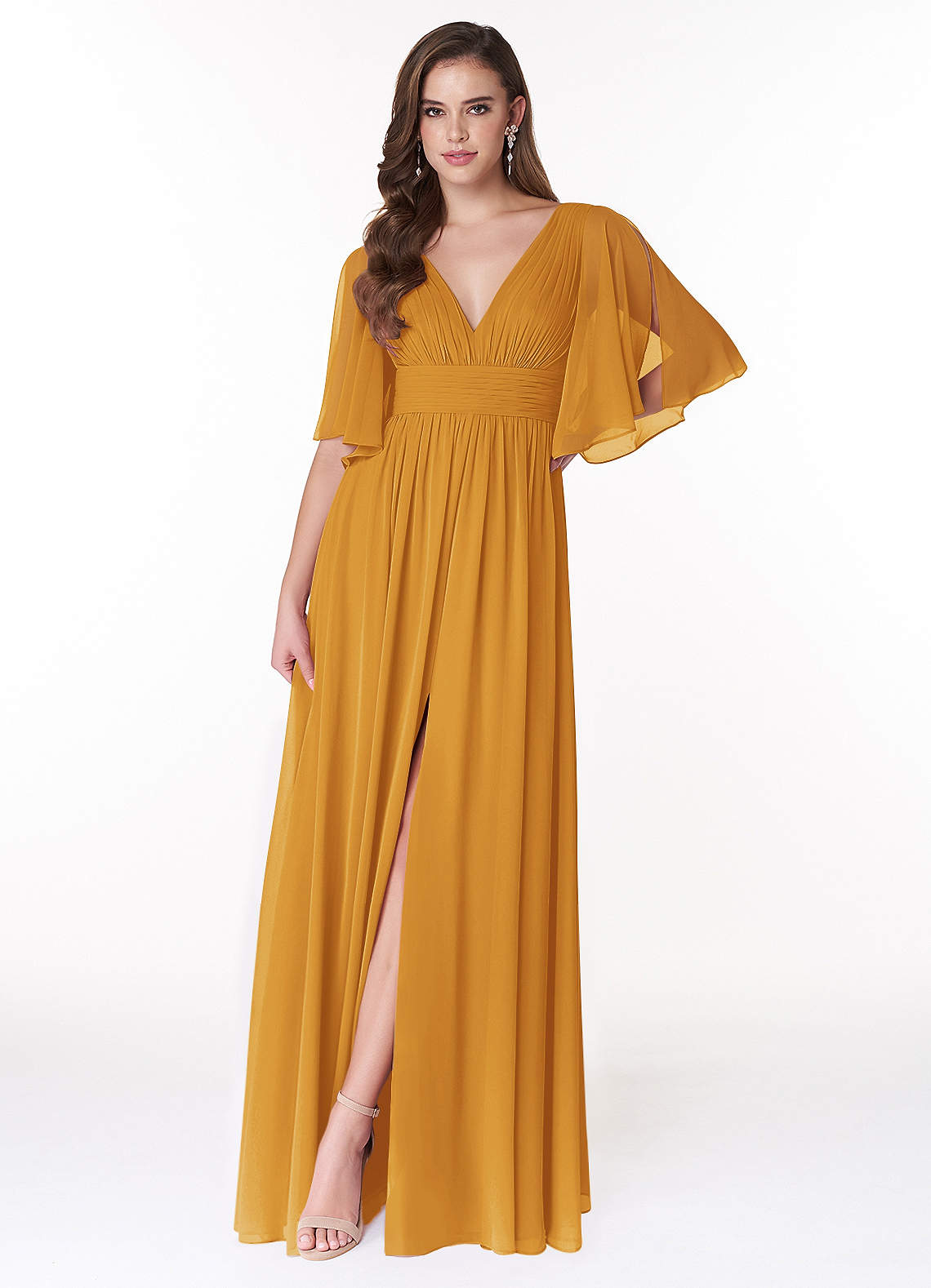 Azazie Temeka Brautjungfernkleider A-Linie Gestreift Chiffon Kleid Butterscotch image1