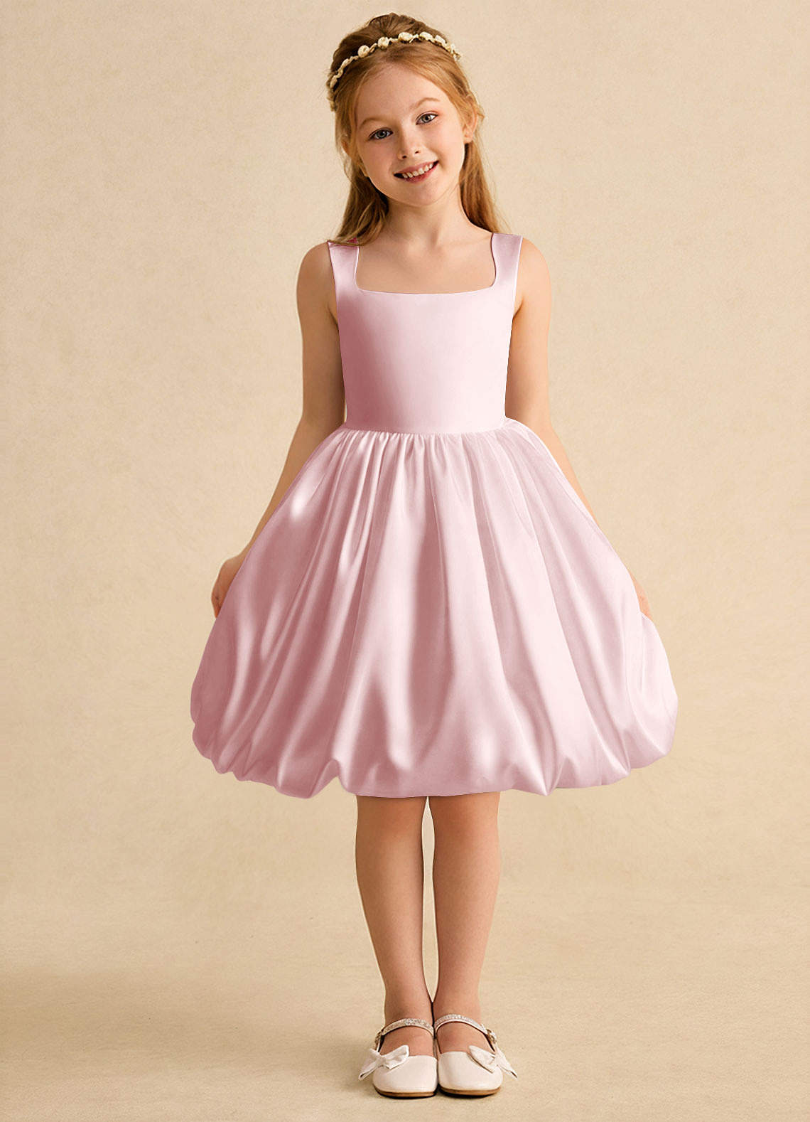Azazie Nirvana Robe Demoiselle D'honneur Fillette Robe Princesse en Mat Satiné Rayé Rose Poudré image1