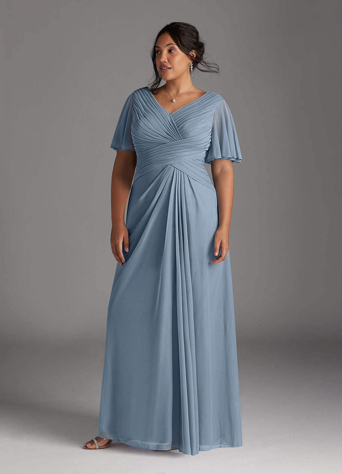 Azazie Emmeline Mother of the Bride Dresses Dusty Blue A-Line V-Neck Pleated Mesh Dress image6