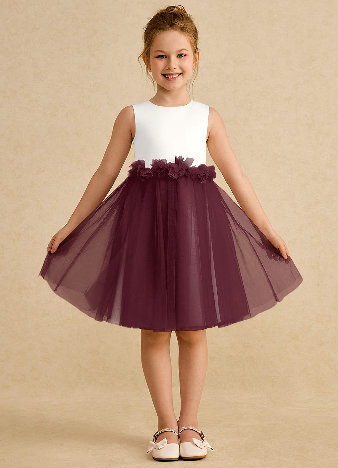 Azazie Louisa Abiti da Ragazza di Fiori Abito A-Line in Tulle Senza Maniche Avorio Cabernet image1