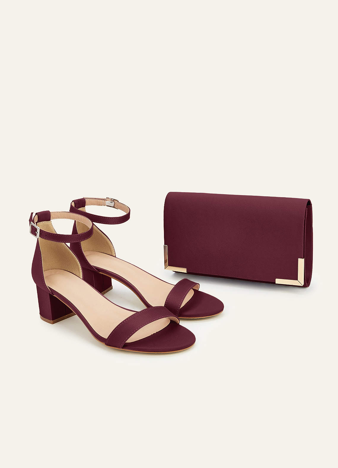 front Matching Color Matte Satin Block Heel Sandals & Envelope Clutch Set