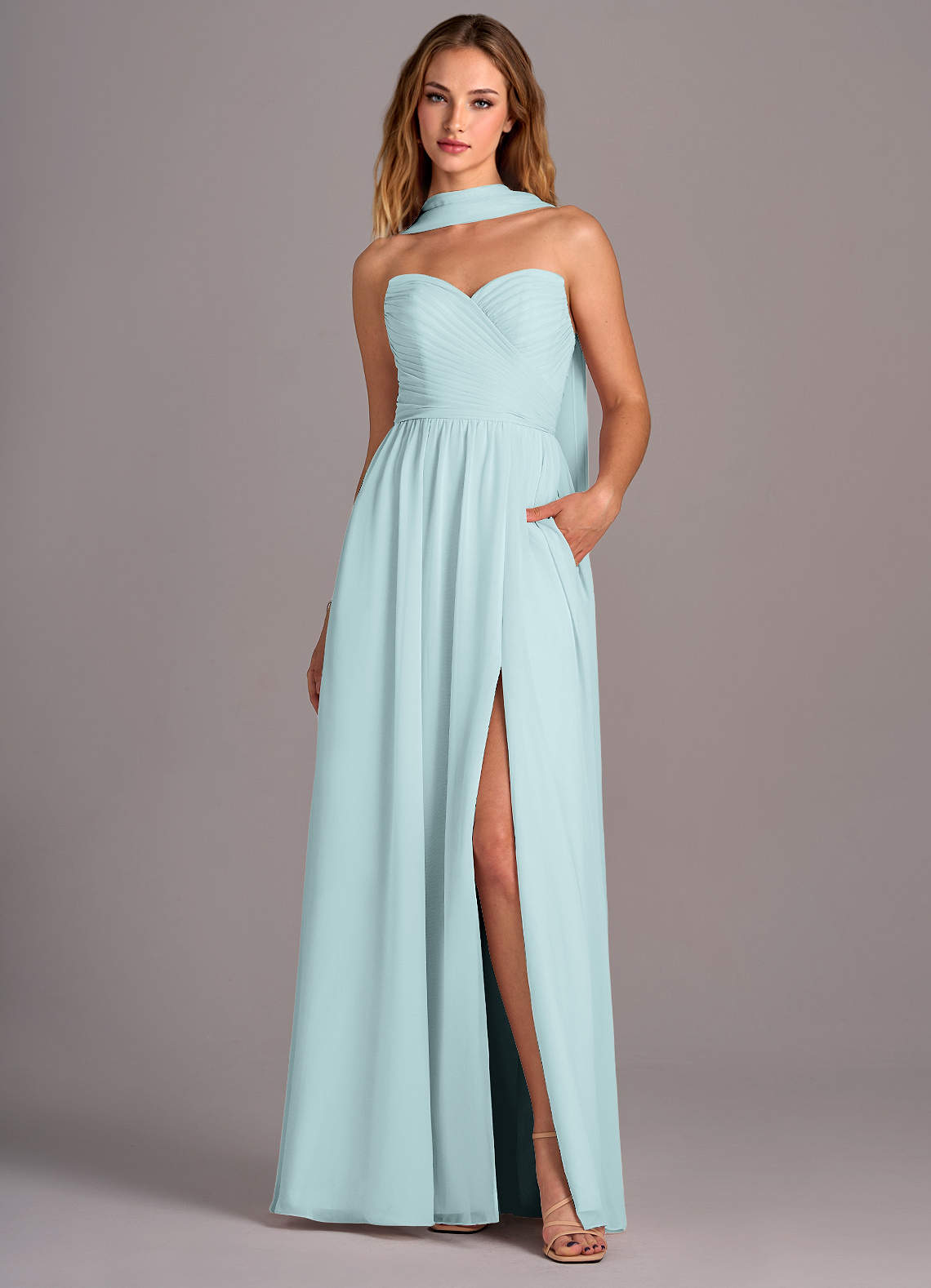 Azazie Joni Brautjungfernkleider Wandelbar A-Linie Schulterfrei Chiffon Kleid Nebel image1