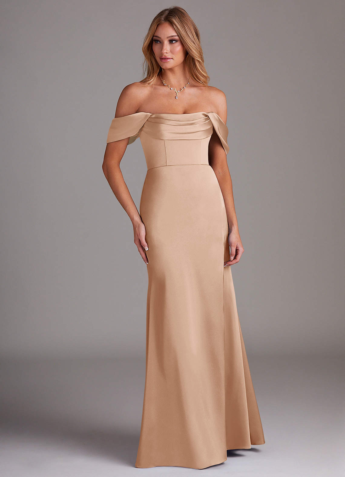 Azazie Saige Bridesmaid Dresses English Rose Sheath Off the Shoulder Stretch Satin Dress image3