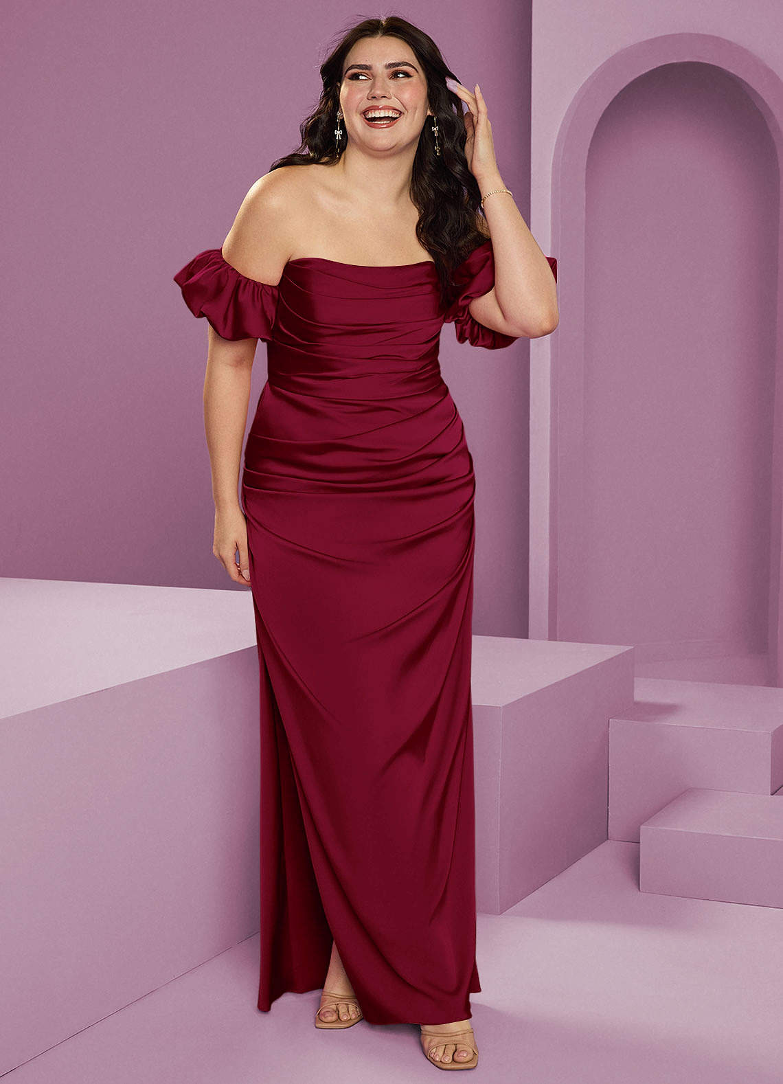 david's bridal ballet bridesmaid dress Long Sleeve Ruched A-Line Maxi Dress with Square Neck
