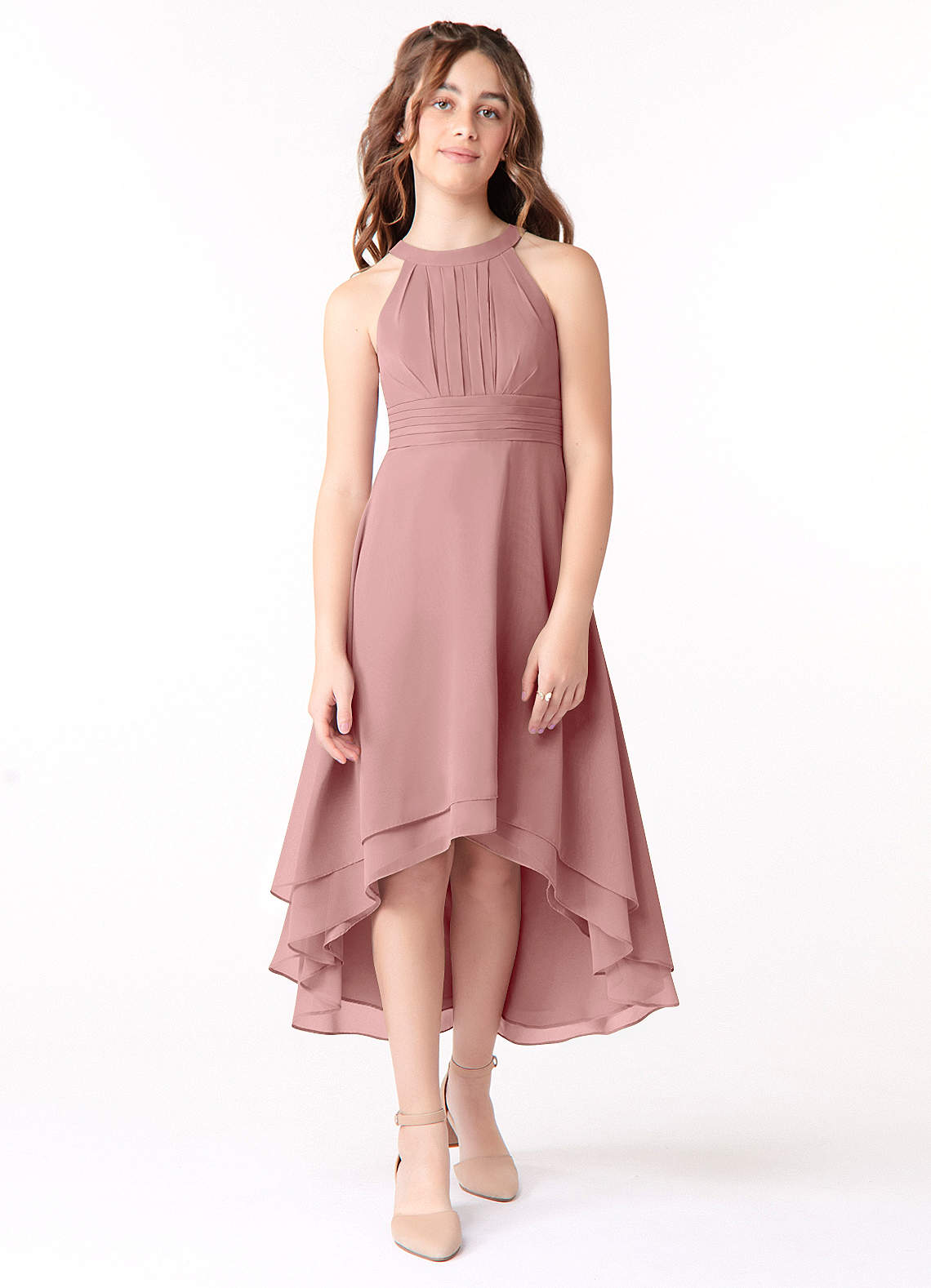Azazie Linna Junior Vestido de Rosa Polvorienta de Gasa de Corte En A con Plisado image1