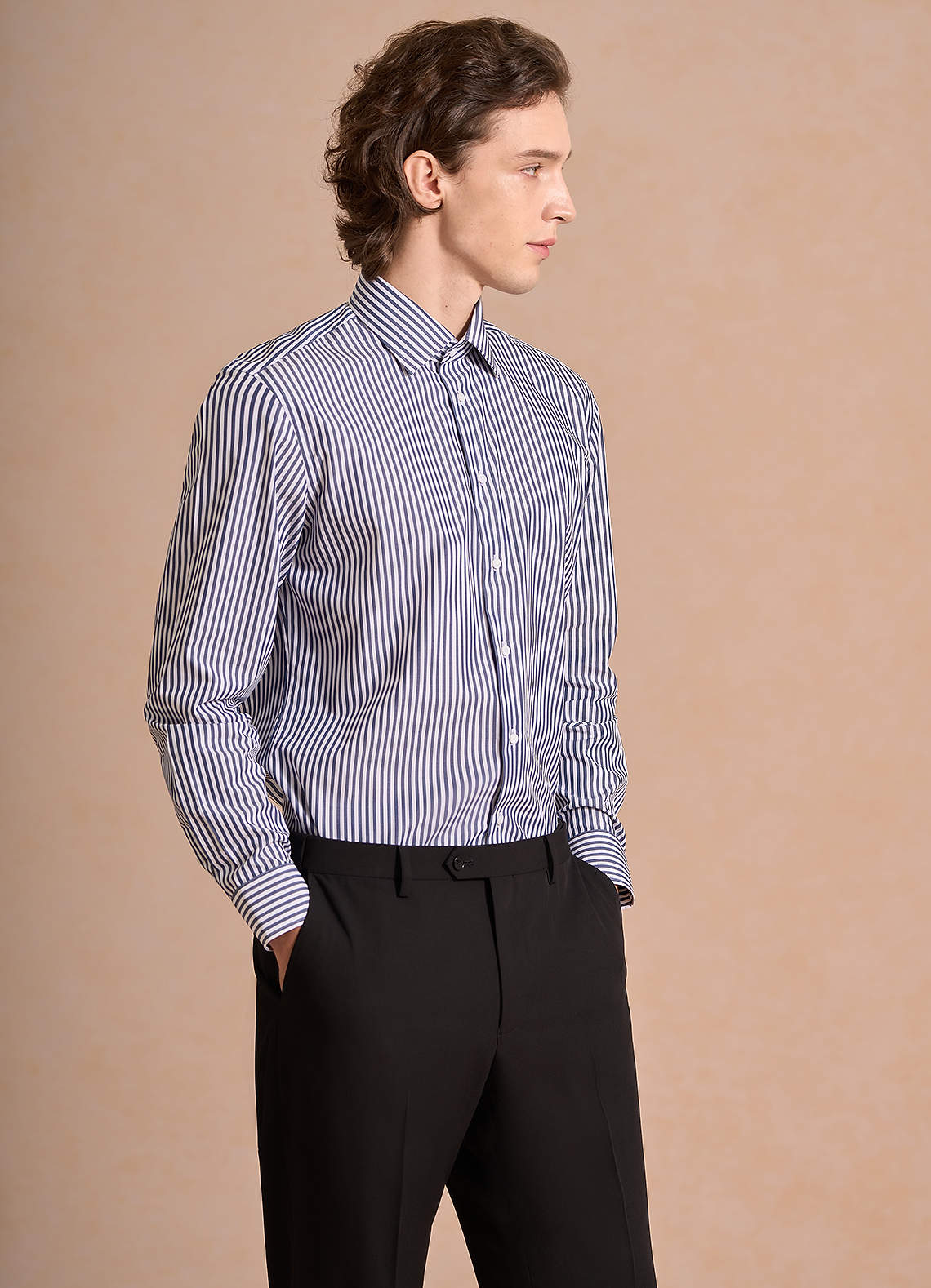 front Aiden White Navy Blue 100% Cotton Non-Iron Striped Dress Shirt