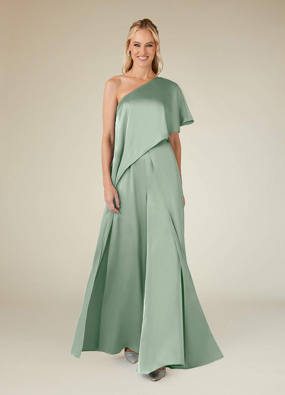Azazie Hagretta Abiti per la Madre della Sposa Abito Tuta Pantaloni in Raso Elasticizzato Agave image1