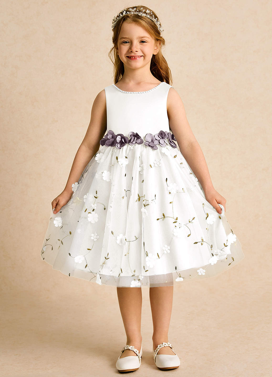 Azazie Starri Flower Girl Dresses Ivory Dusk Ball-Gown Beaded Matte Satin Dress image1