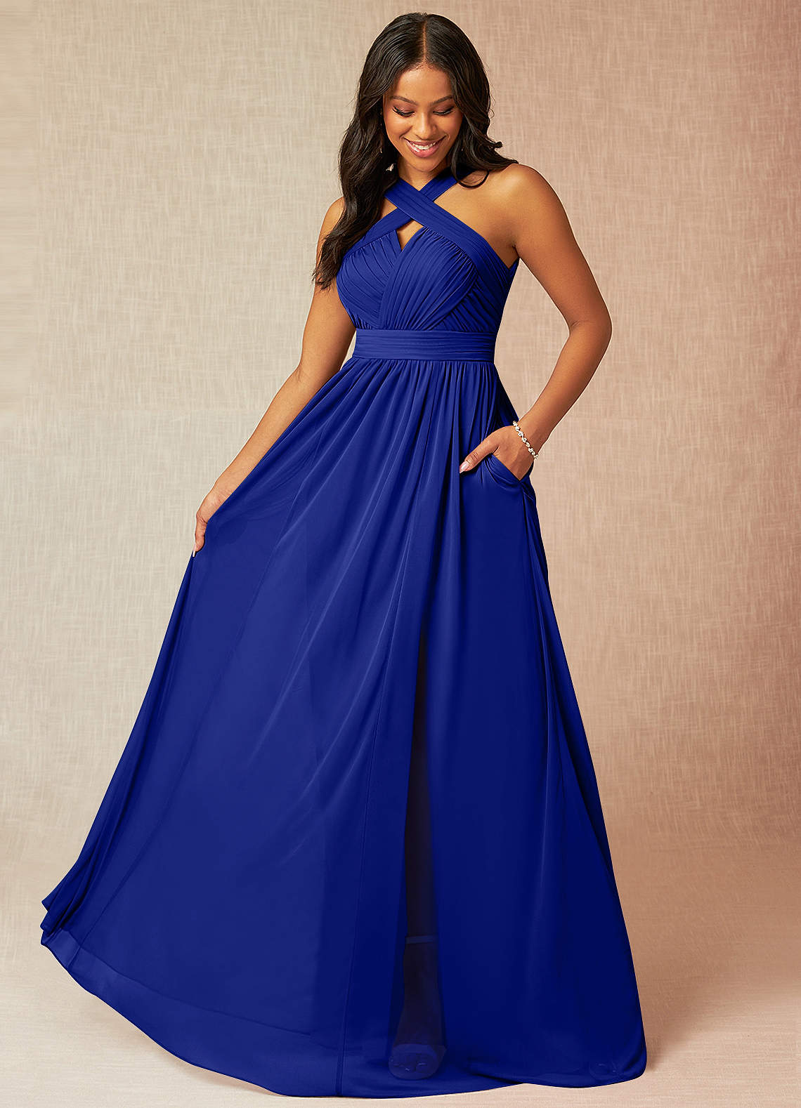 Azazie Hillian Bridesmaid Dresses Royal Blue A-Line Halter Pleated Mesh Dress image1