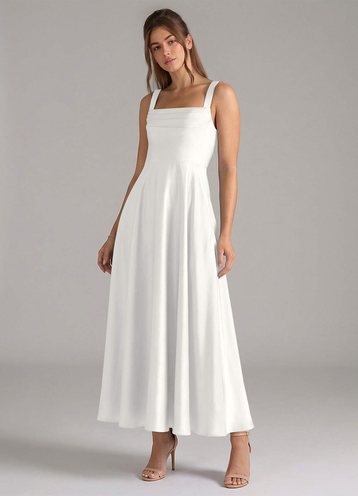 Azazie Shaude Bridesmaid Dresses White A-Line Pleated Stretch Satin Dress image3