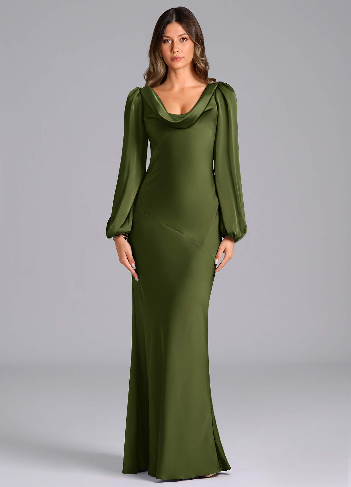 Azazie Rylina Bridesmaid Dresses Olive Mermaid Long Sleeve Stretch Satin Dress image1