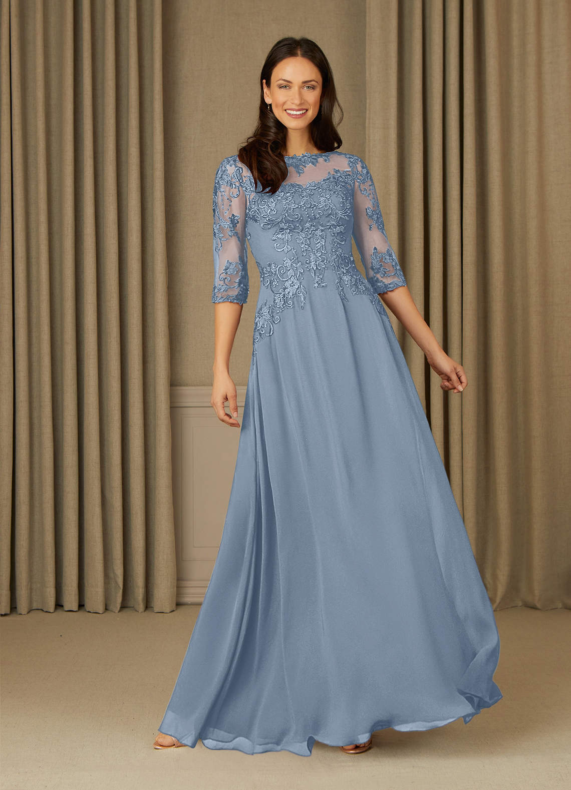 Azazie Dorella vestidos de madre de la novia Vestido de Azul Polvoriento de Gasa de Corte En A con Encaje image1
