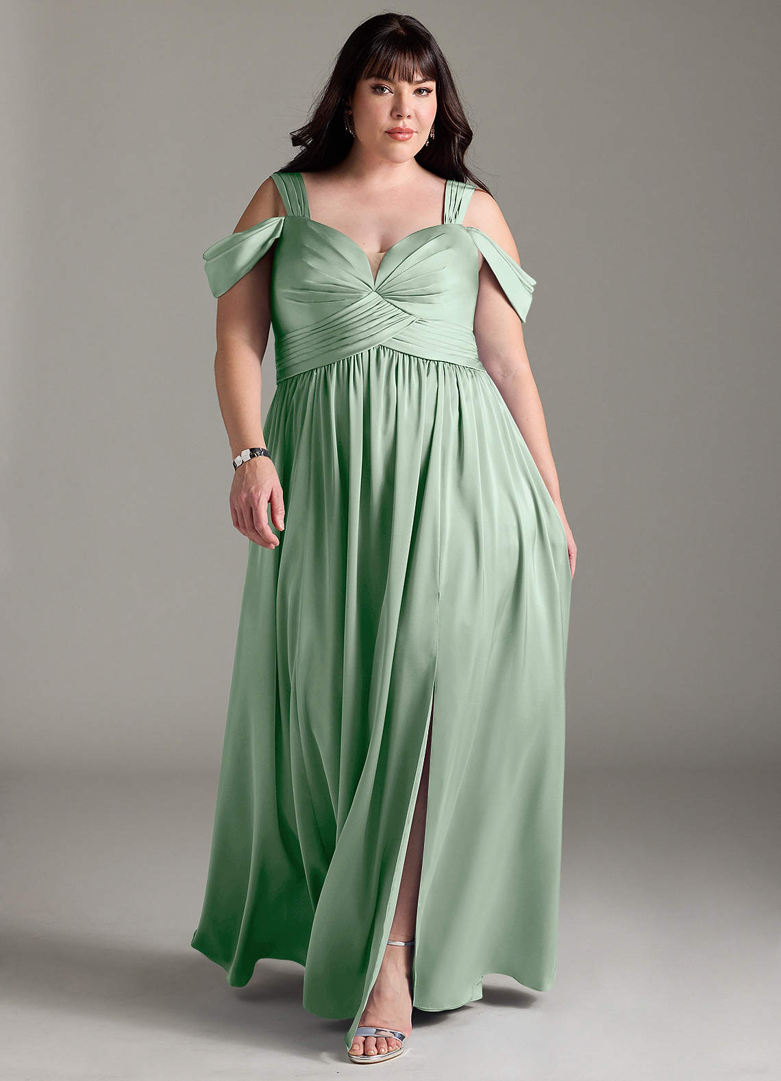 Azazie Lianne Bridesmaid Dresses Agave A-Line Off the Shoulder Stretch Satin Dress image1