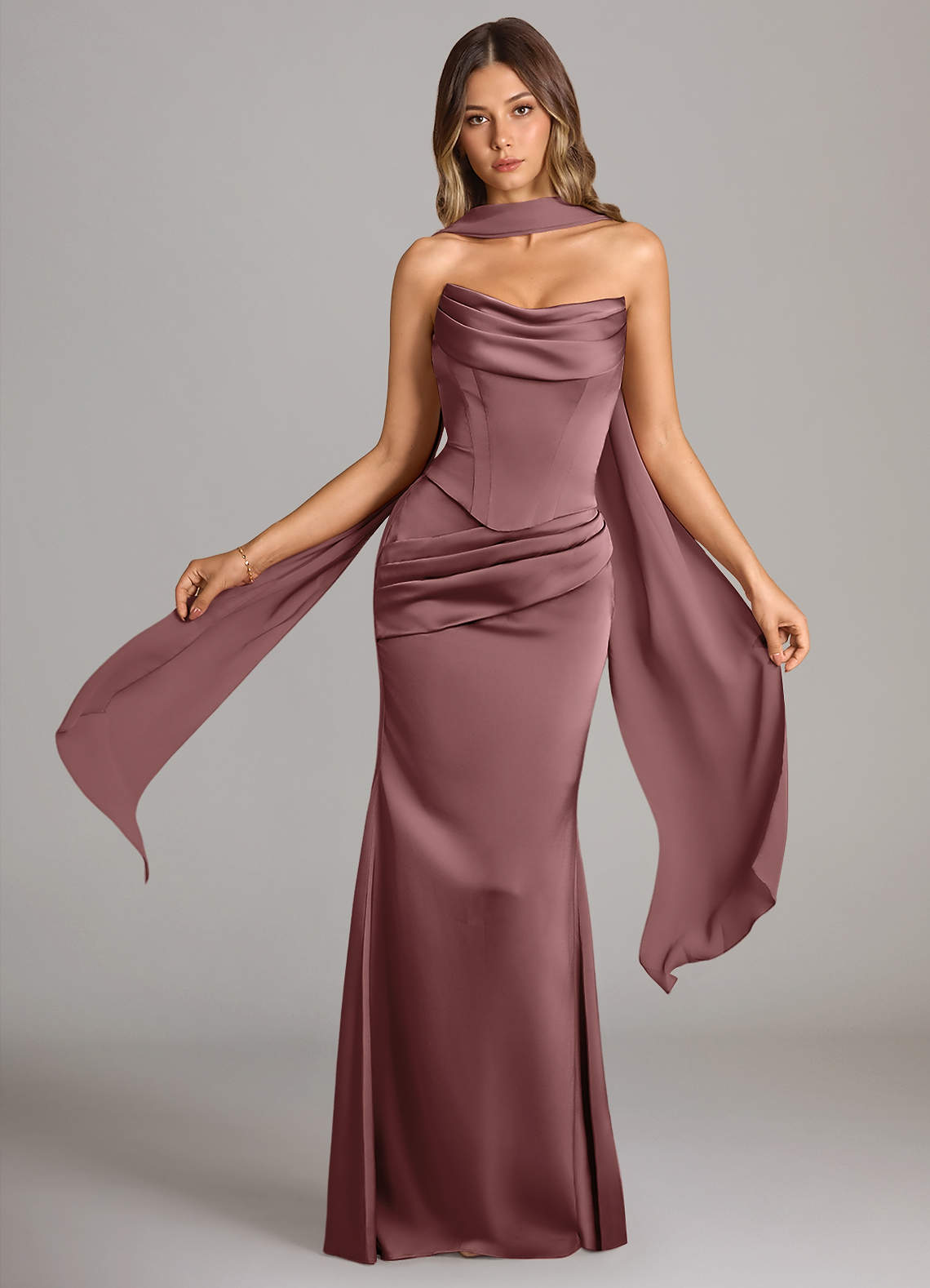 Azazie Sorrel Bridesmaid Dresses Vintage Mauve Mermaid Strapless Stretch Satin Convertible Dress image1