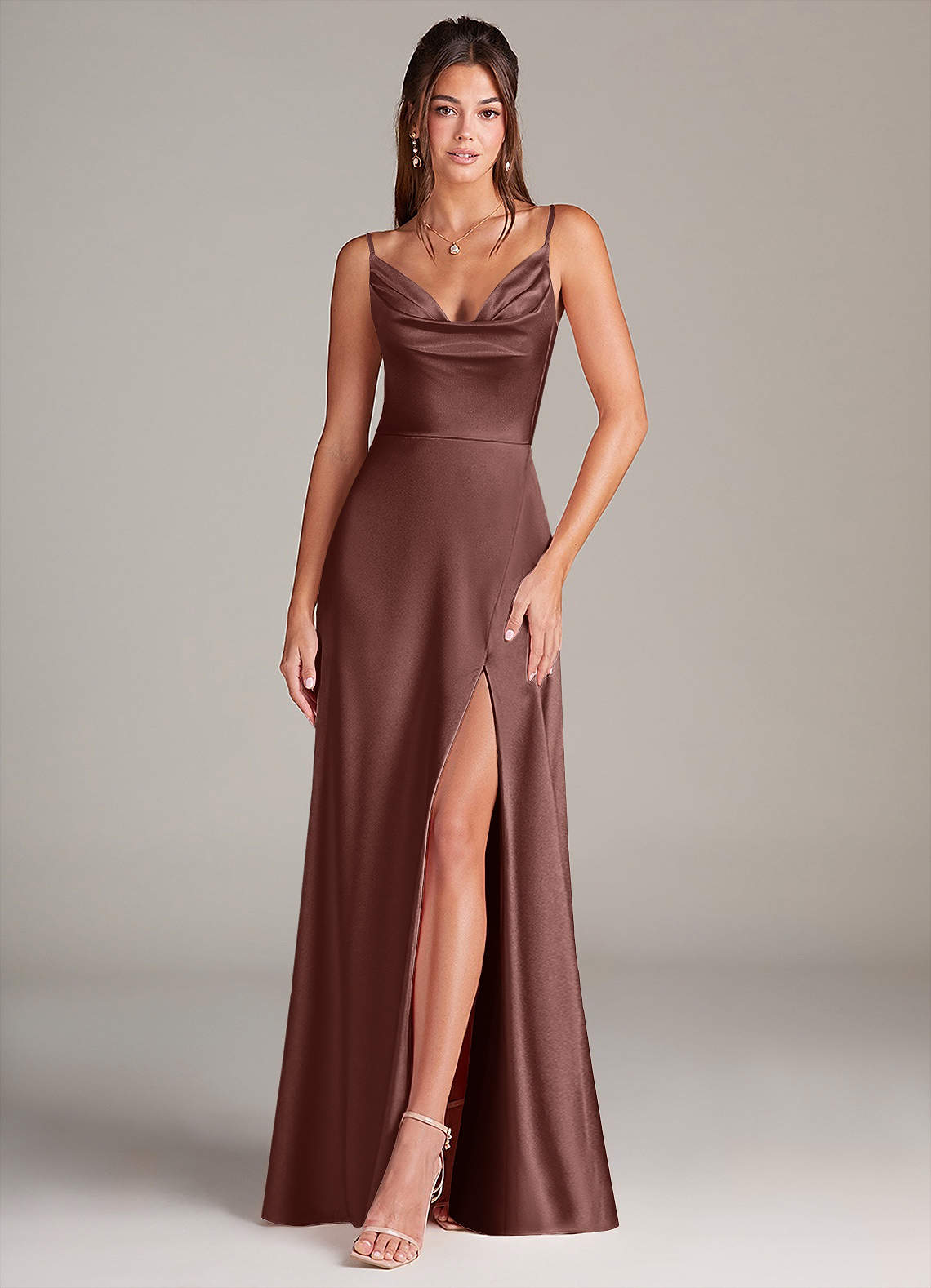 Azazie Sarella Bridesmaid Dresses Espresso A-Line Pleated Stretch Satin Dress image1