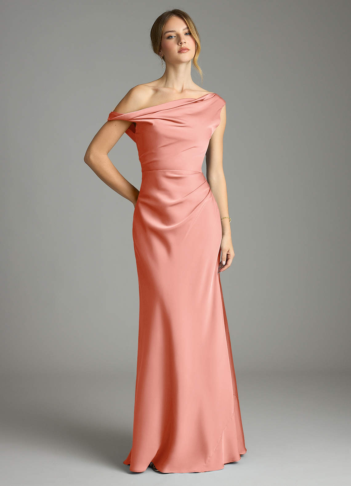 Azazie Emerson Bridesmaid Dresses Coral Mermaid Off the Shoulder Stretch Satin Dress image1
