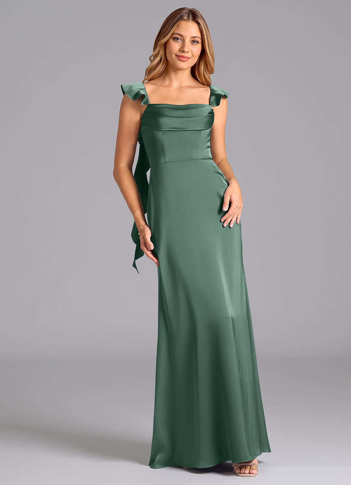 Azazie Adi Brautjungfernkleider A-Linie Plissee Stretch-Satin Kleid Eukalyptus image1