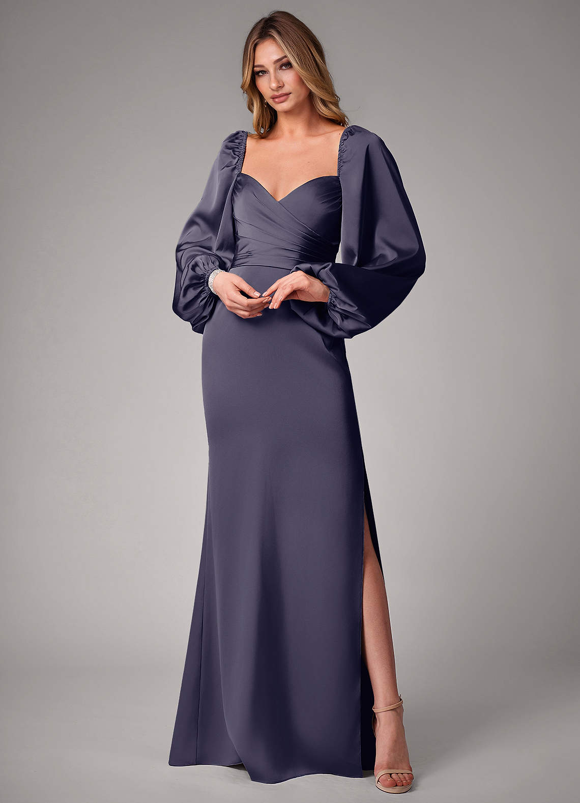 Azazie Sonata Bridesmaid Dresses Stormy Sheath Long Sleeve Stretch Satin Convertible Dress image1