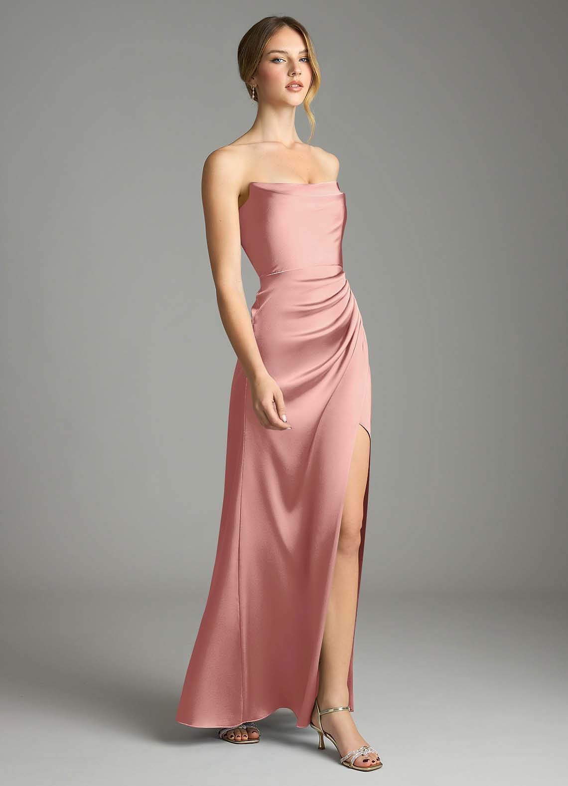 Azazie Leonis Vestidos de damas de honor Vestido de Rosetón de Satén Elástico de Corte Sirena Convertible con Plisado image5