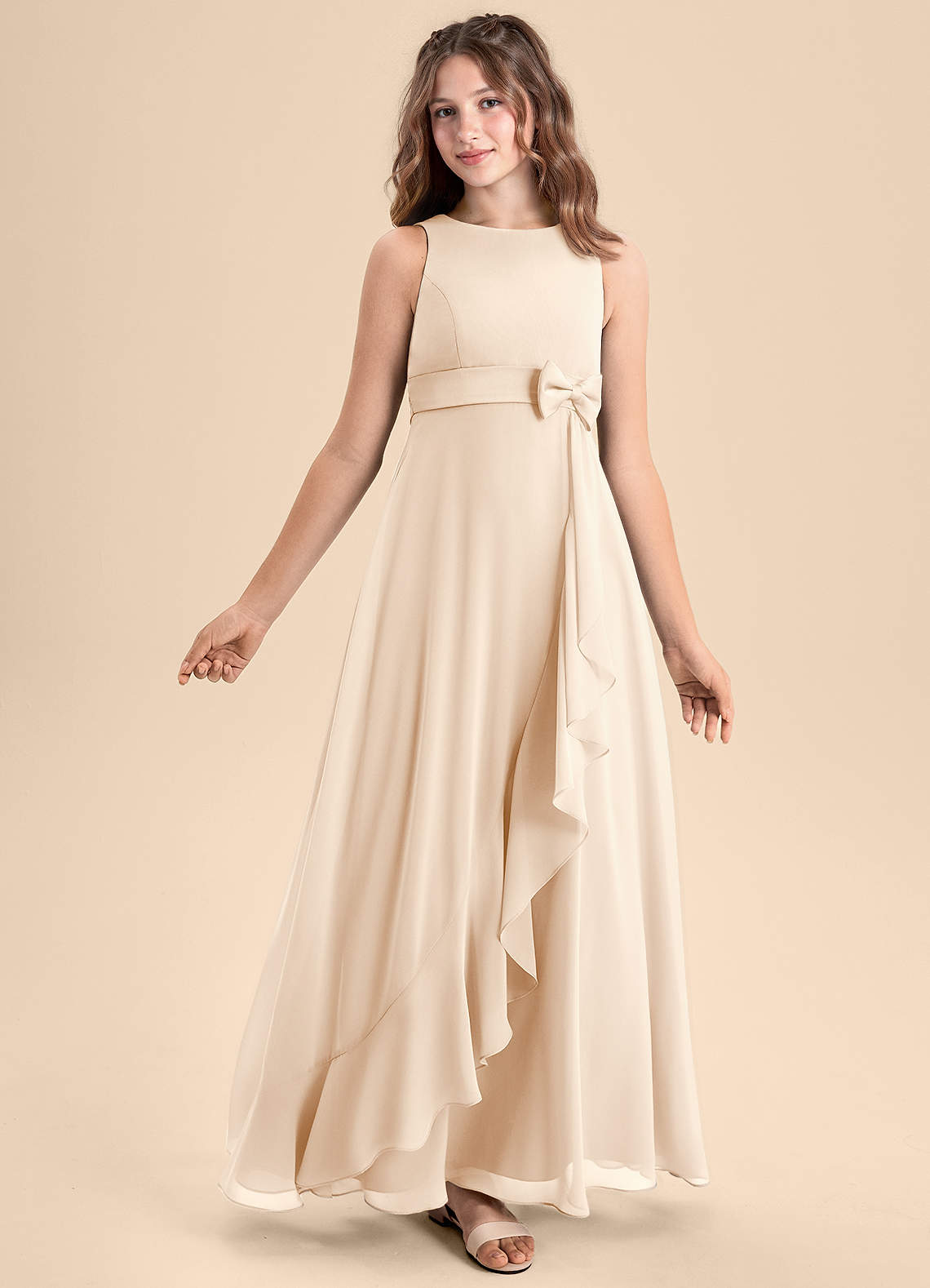 Azazie Lilenne Junior White Alabaster A-Line Bow Chiffon Dress image1