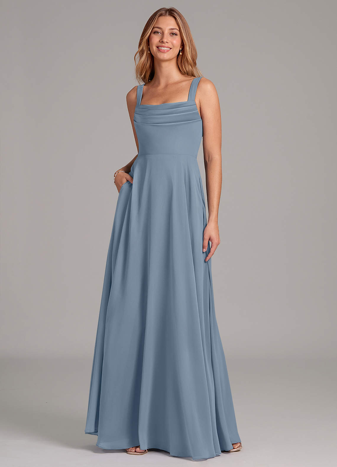 Azazie Shaude Bridesmaid Dresses Dusty Blue A-Line Pleated Chiffon Dress image2