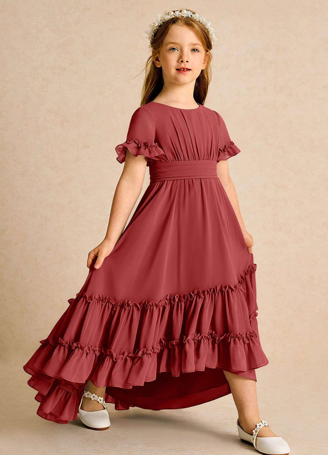 Azazie Kass Flower Girl Dresses Rust A-Line Pleated Chiffon Dress image1