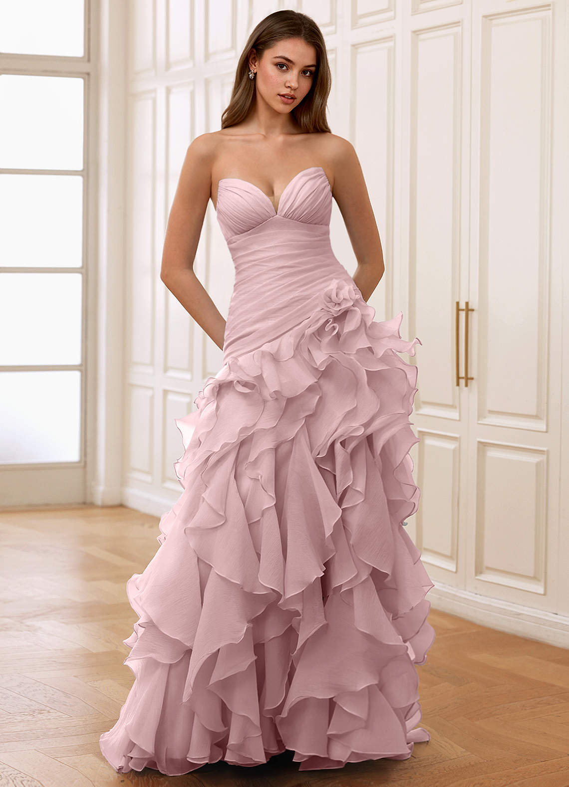 Christabelle Pink Sweetheart Strapless Ruffled Dress | Azazie CA