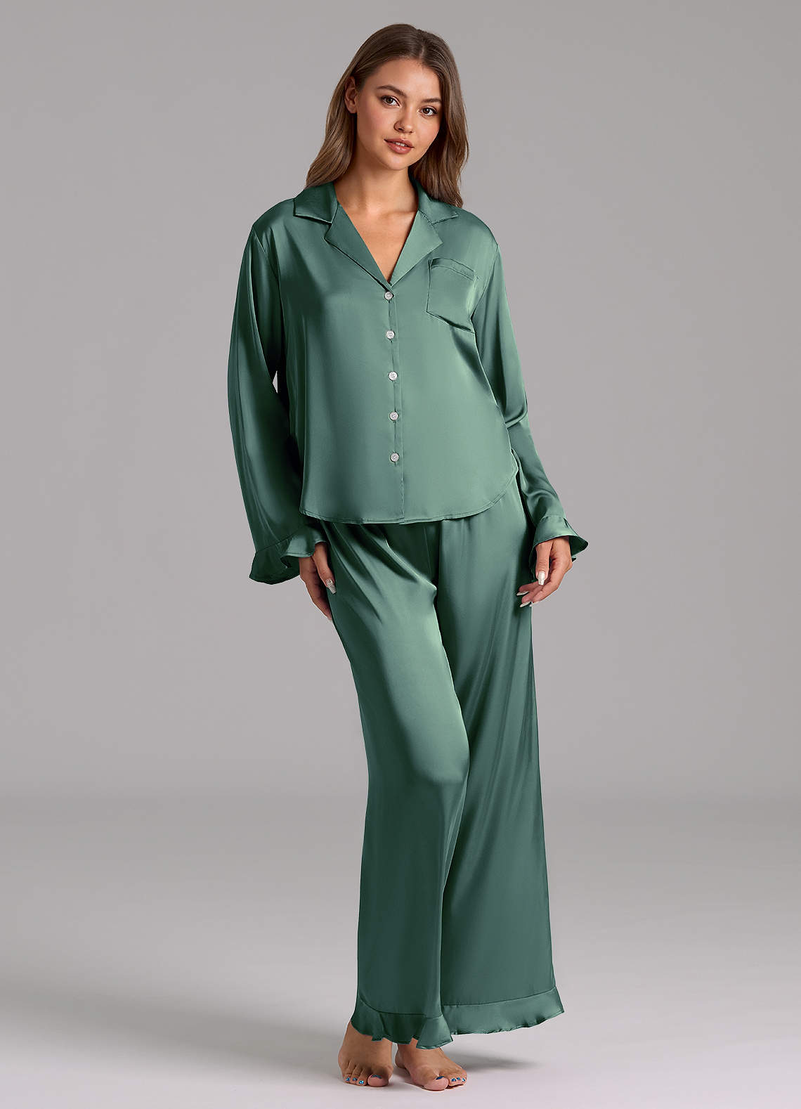 front Matching Color Ruffled Satin Long Sleeve Pajama Set