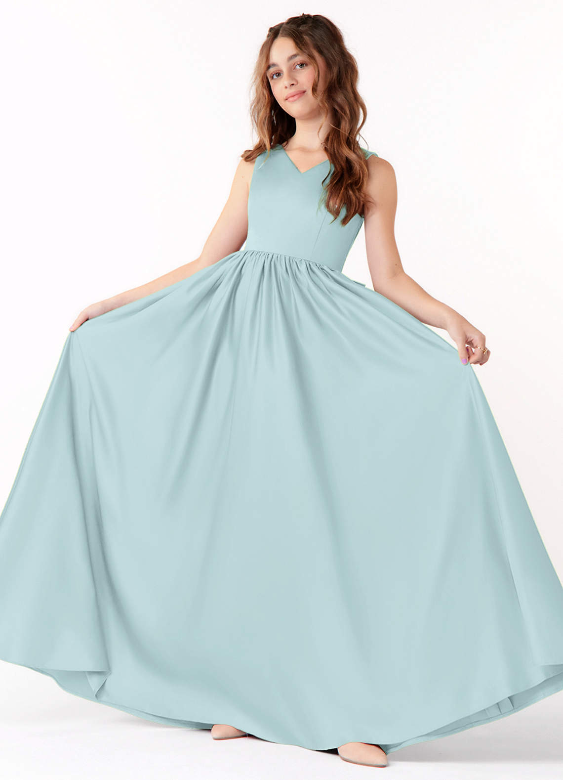 Azazie Hathaway Junior Mist A-Line Bow Matte Satin Dress image1