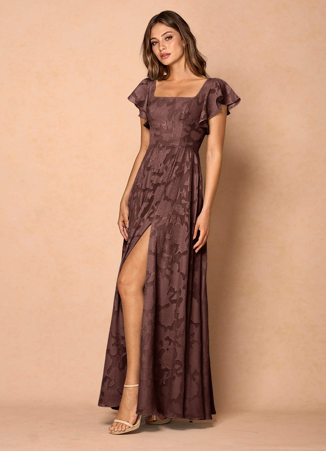 Anna Mocha Coco Ruffled Maxi Dress | Azazie UK