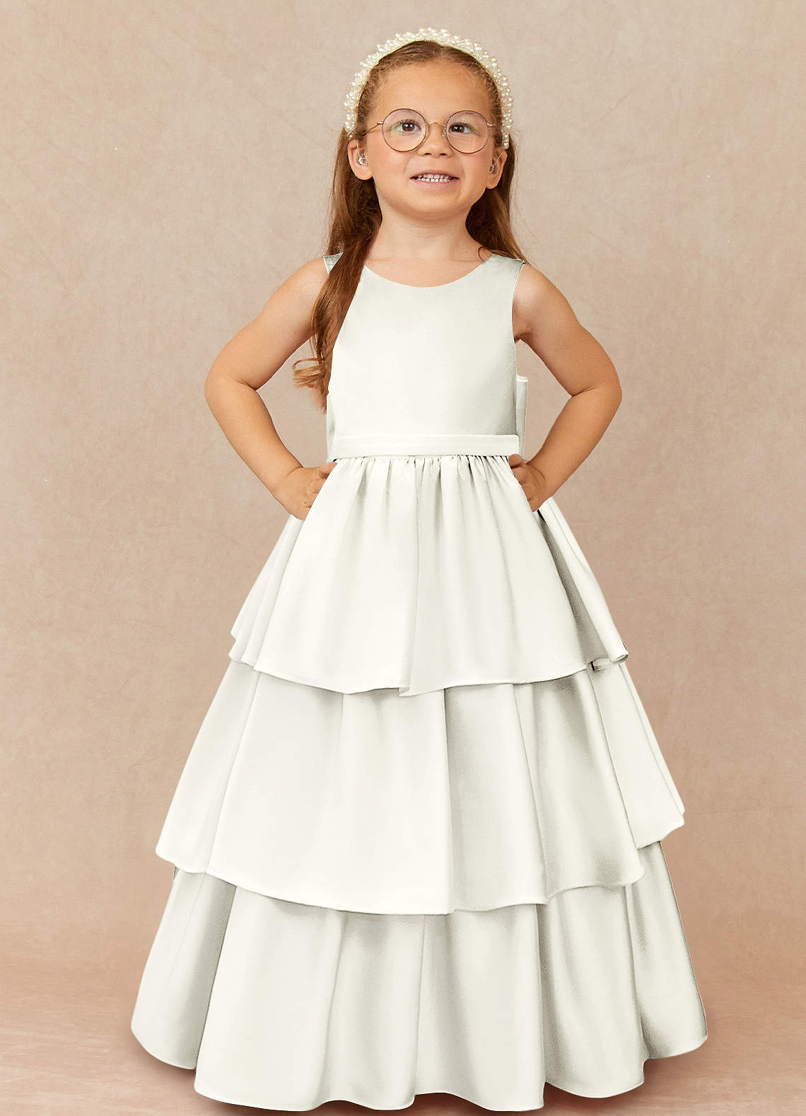 Azazie Margie Flower Girl Dresses Ivory A-Line Bow Stretch Satin Dress image1