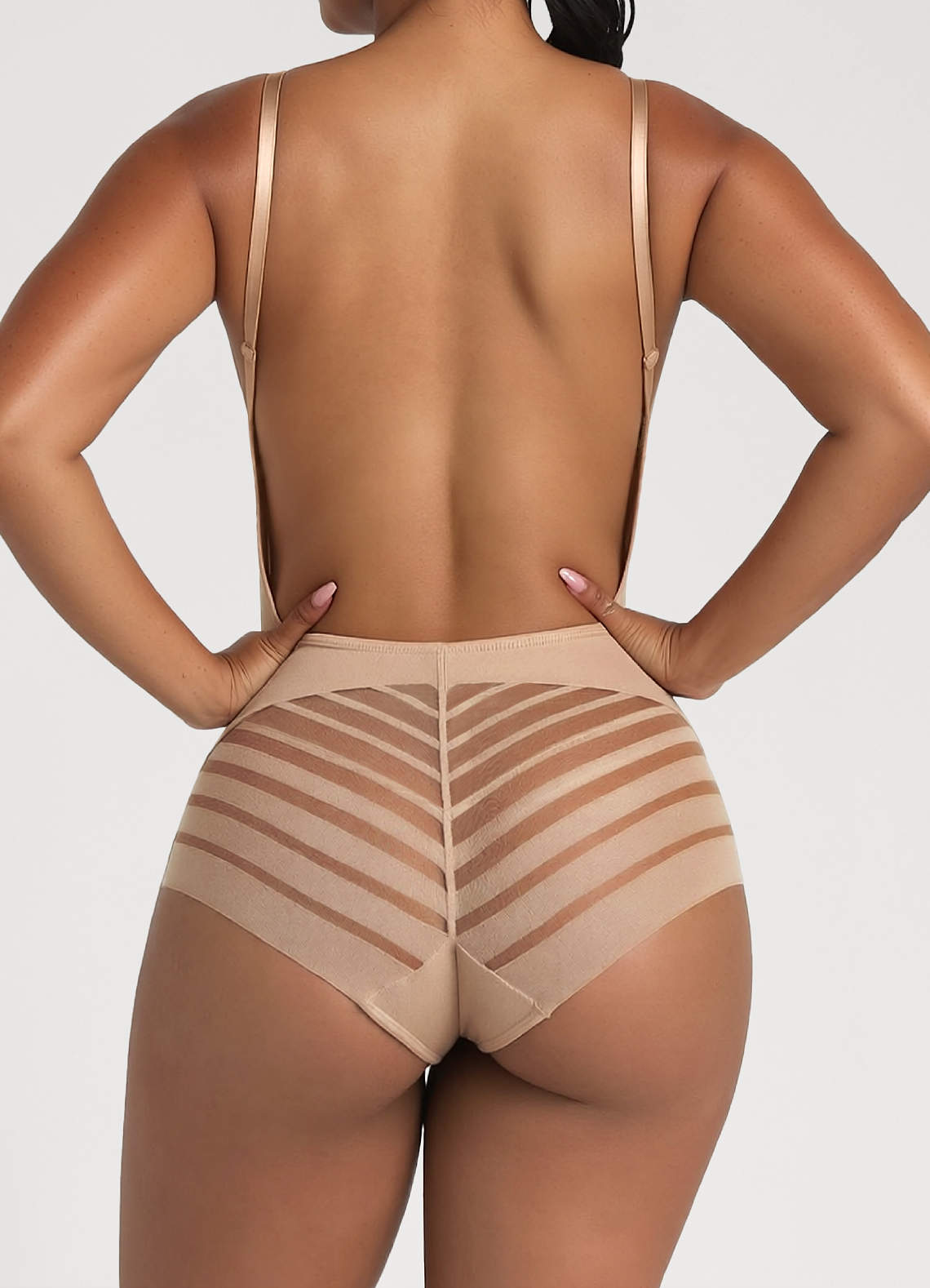 front Deep-Backless Adjustable Thin-Strap Tummy-Control Shapewear Bodysuit (Mesh-Panel Brief Back)