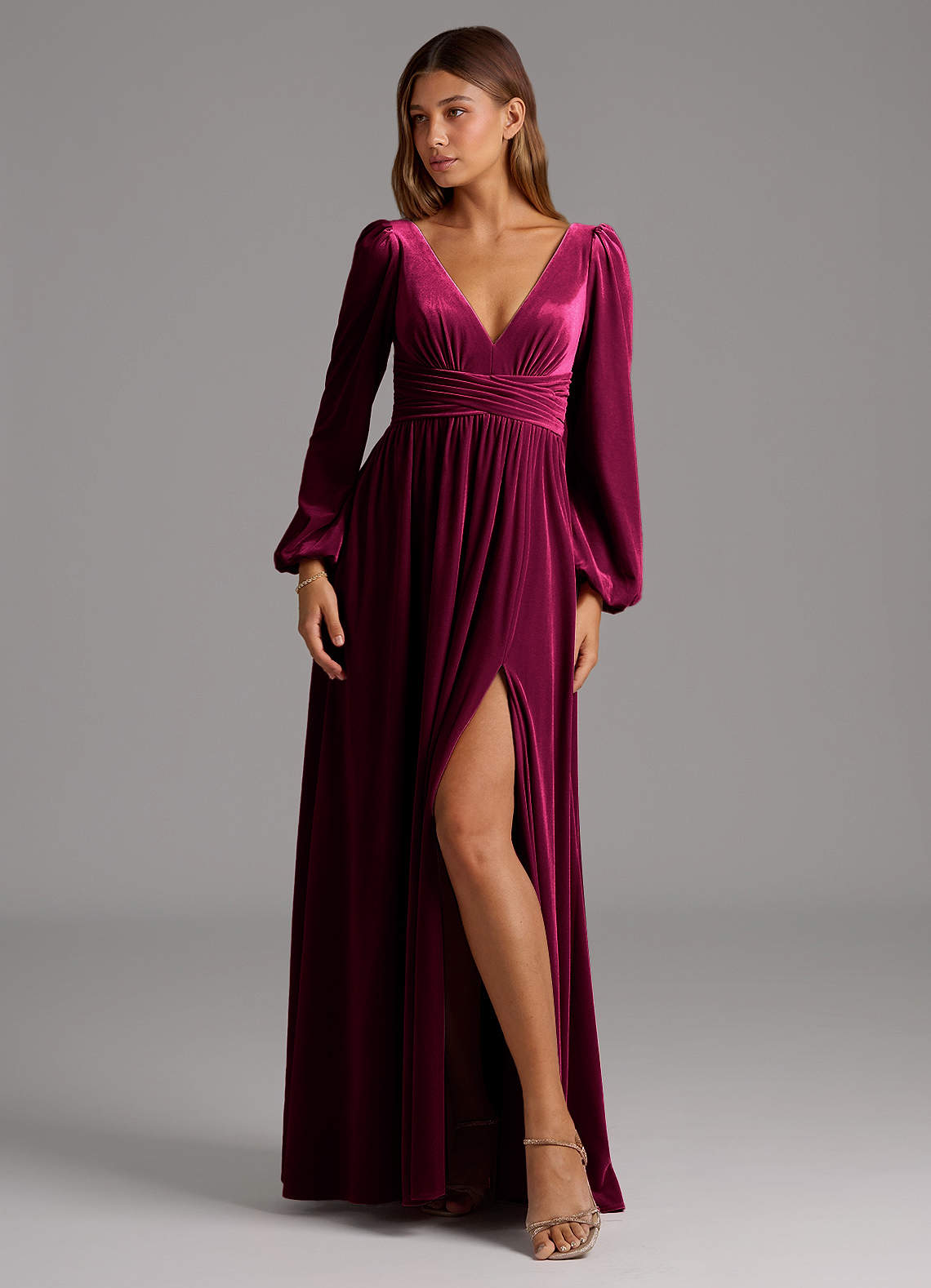 Azazie Norah Bridesmaid Dresses Cabernet A-Line Long Sleeve Velvet Dress image1