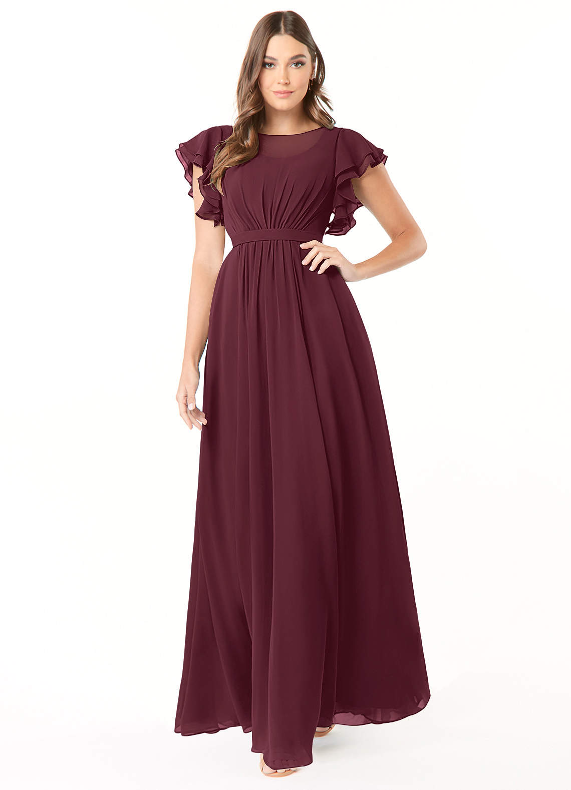 Azazie Daphne Modest Bridesmaid Dresses A-Line Ruffled Chiffon Floor-Length Dress image1