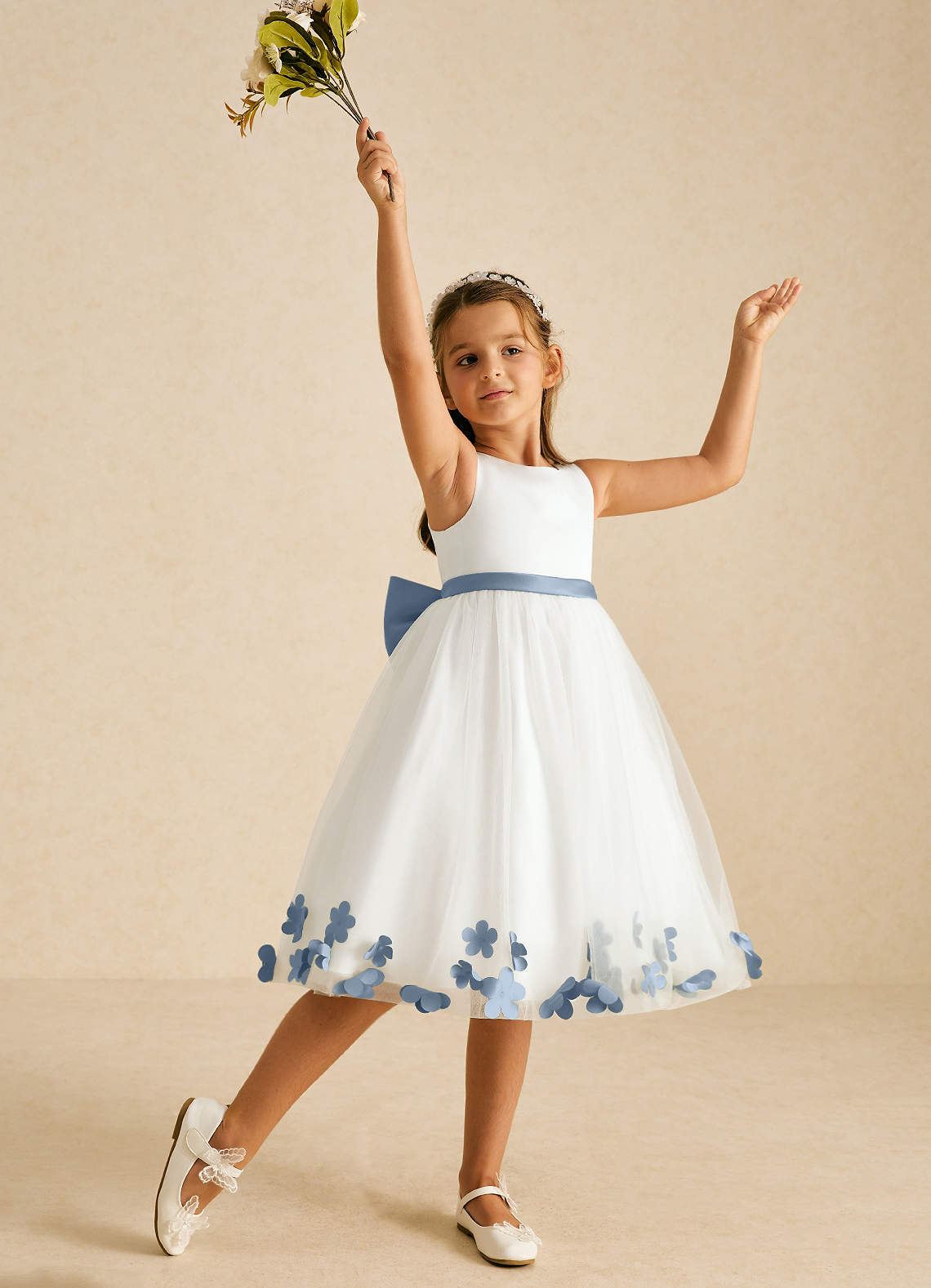 Azazie Dot Flower Girl Dresses Ivory Dusty Blue A-Line Bow Tulle Dress image2