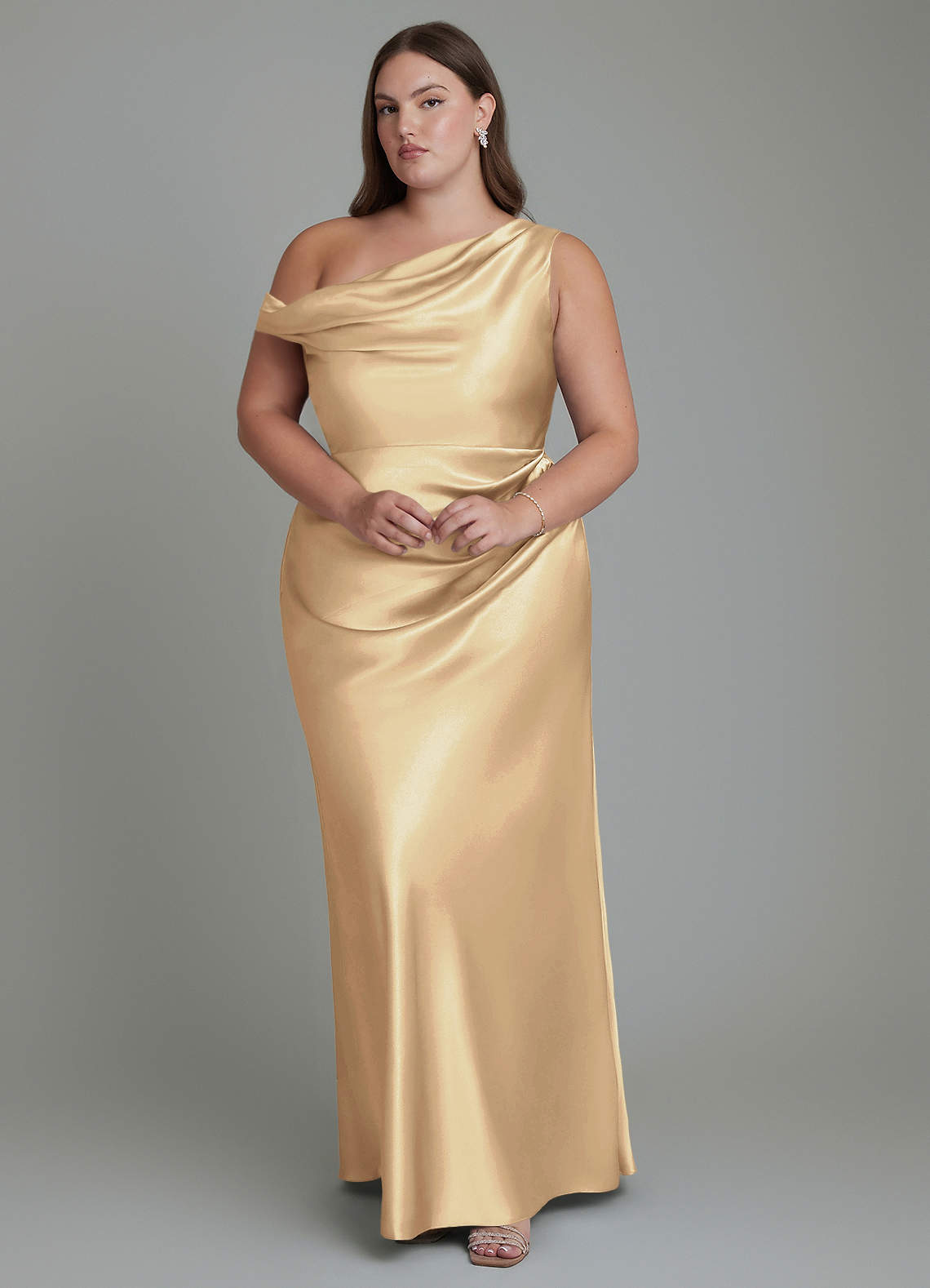 Azazie Emerson Bridesmaid Dresses Champagne Mermaid Off the Shoulder Metallic Satin Dress image1