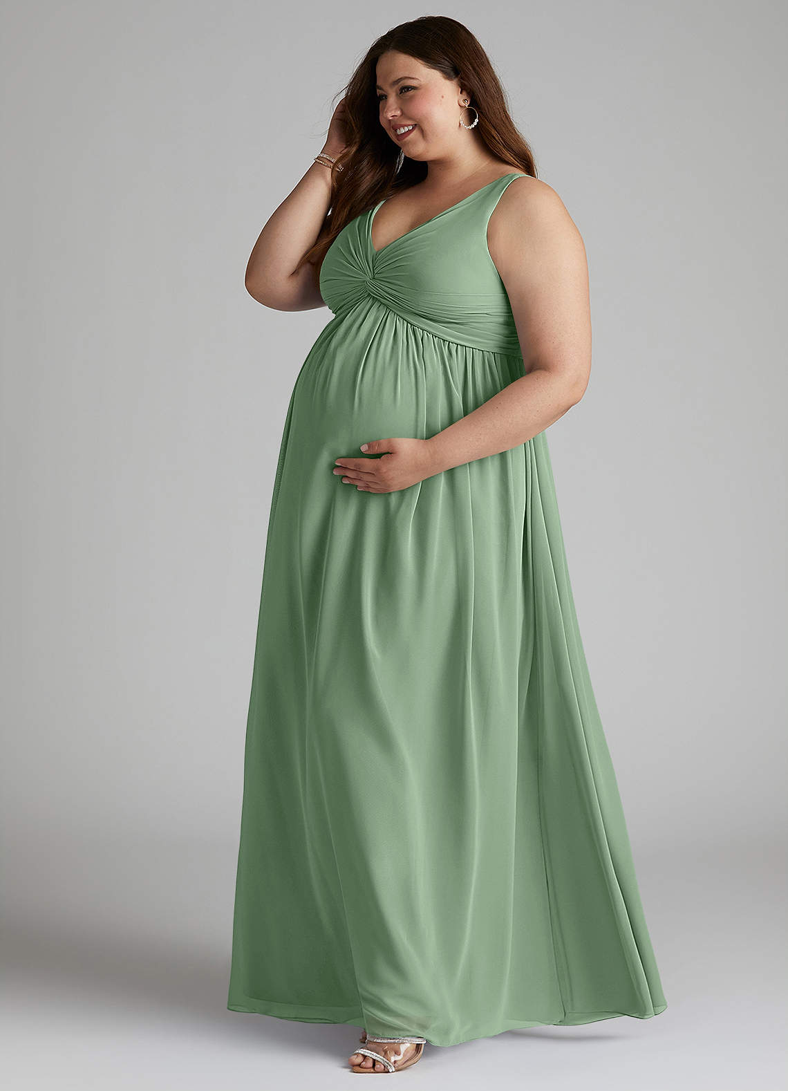 Azazie Yetta At-home Try On Dresses A-Line V-Neck Gathered Chiffon Floor-Length Dress image9