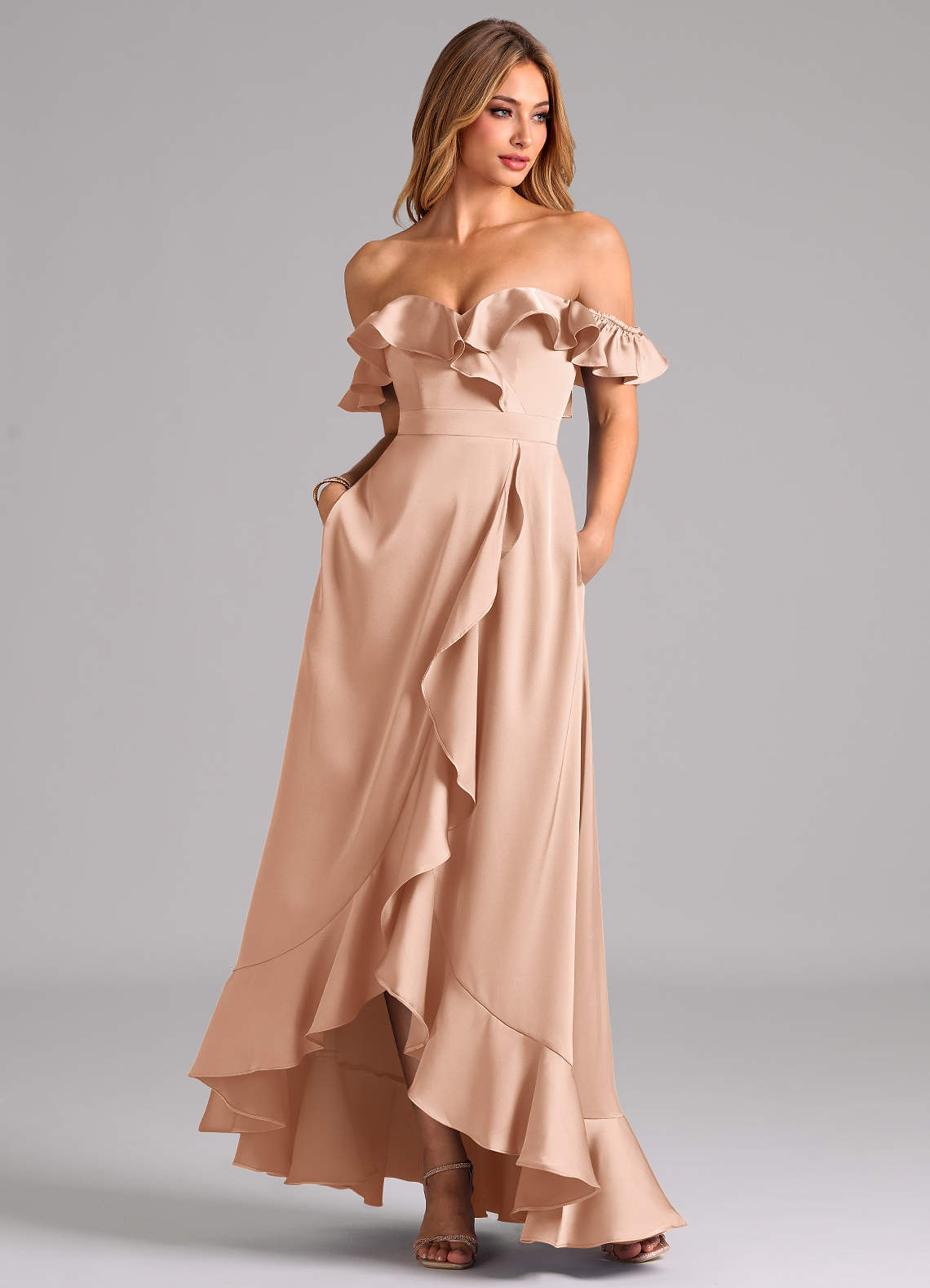 Azazie A-Line Off The Shoulder Floor-Length Stretch Satin Bridesmaid Dresses - Rose Gold