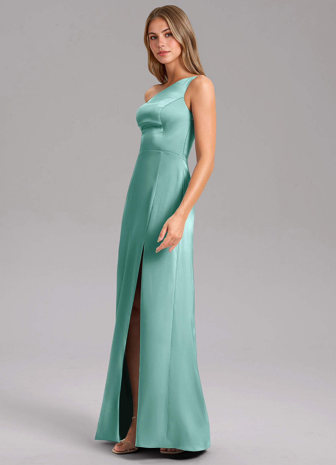 Azazie Feby Vestidos de damas de honor Vestido de Aqua de Satén Elástico de Corte en A con Hombro unilateral image3