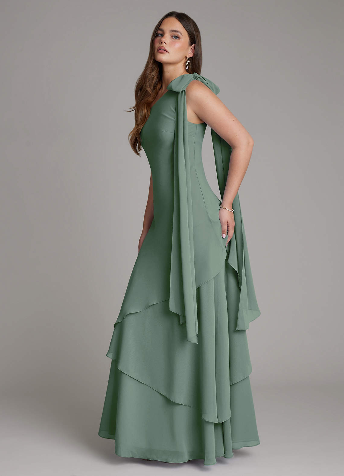 Azazie Monique At-home Try On Dresses Eucalyptus A-Line One Shoulder Chiffon Dress image6